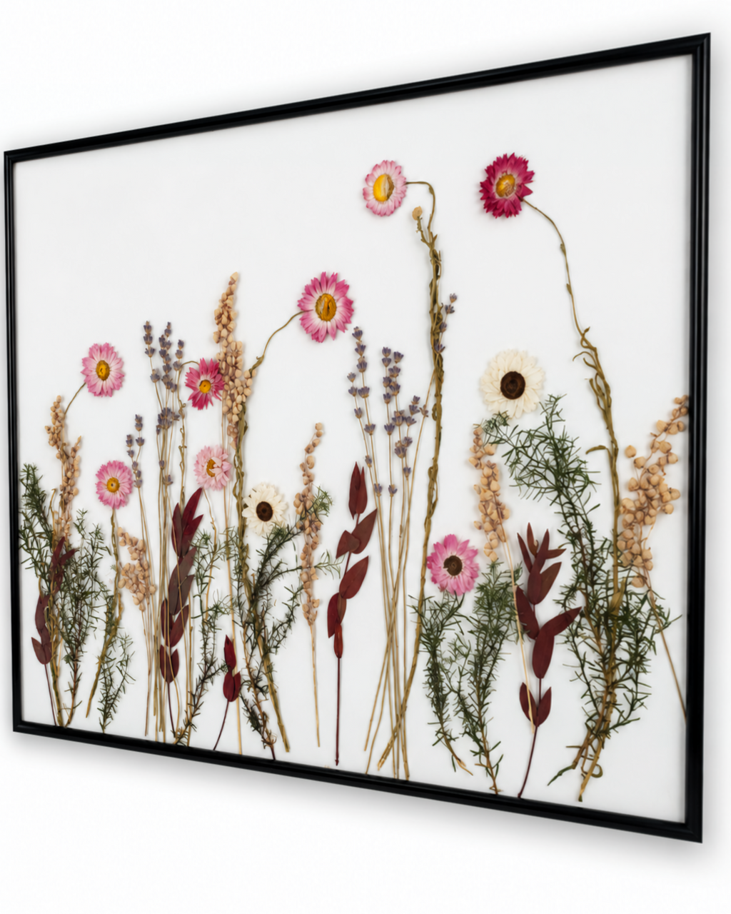Wide view of the 40x50 cm pressed flower composition highlighting the balanced minimalist arrangement.

