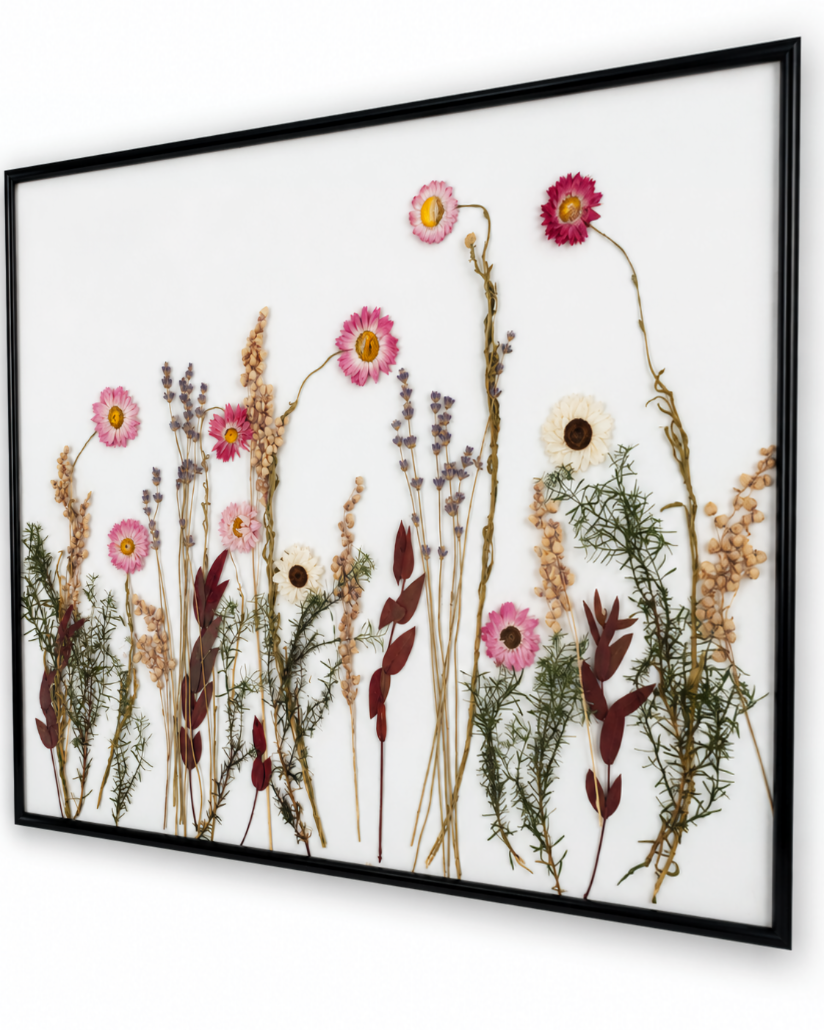 Wide view of the 40x50 cm pressed flower composition highlighting the balanced minimalist arrangement.
