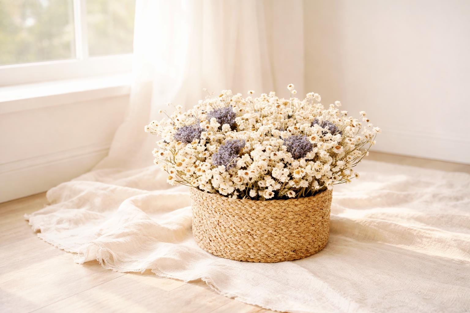 Dried flower basket ammobium and lavender natural home decor stabilized flowers