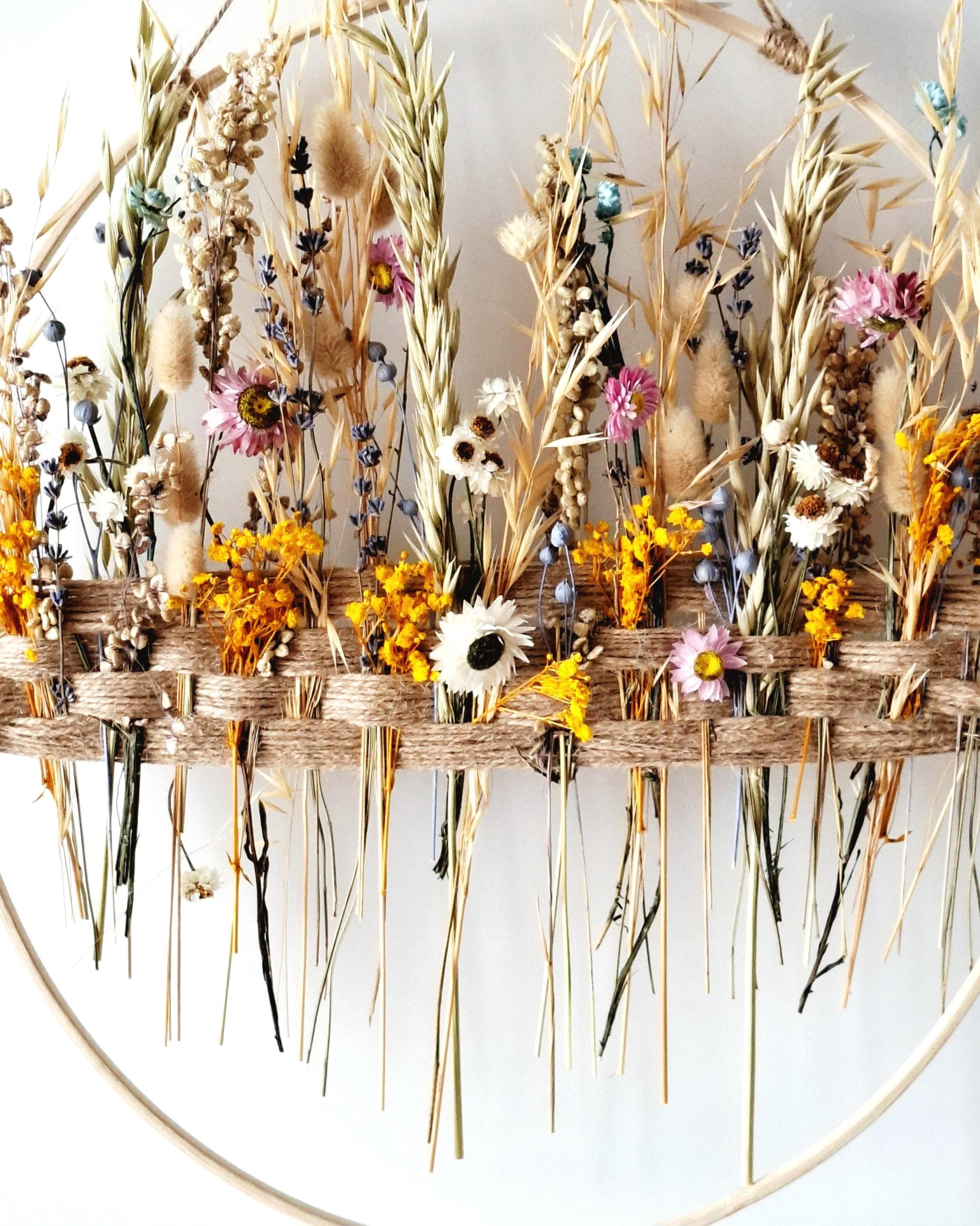Dried Flower Wall Decor Natural Boho Wall Hanging, Handmade Floral Hoop, Rustic Home Decor, Dried Flower Ring