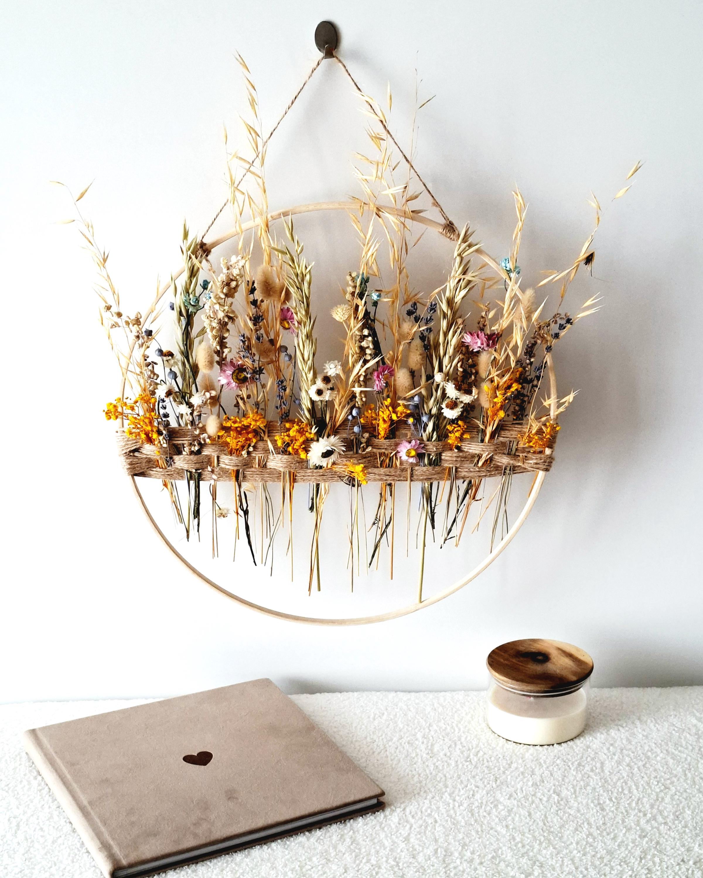 Dried Flower Wall Decor Natural Boho Wall Hanging, Handmade Floral Hoop, Rustic Home Decor, Dried Flower Ring