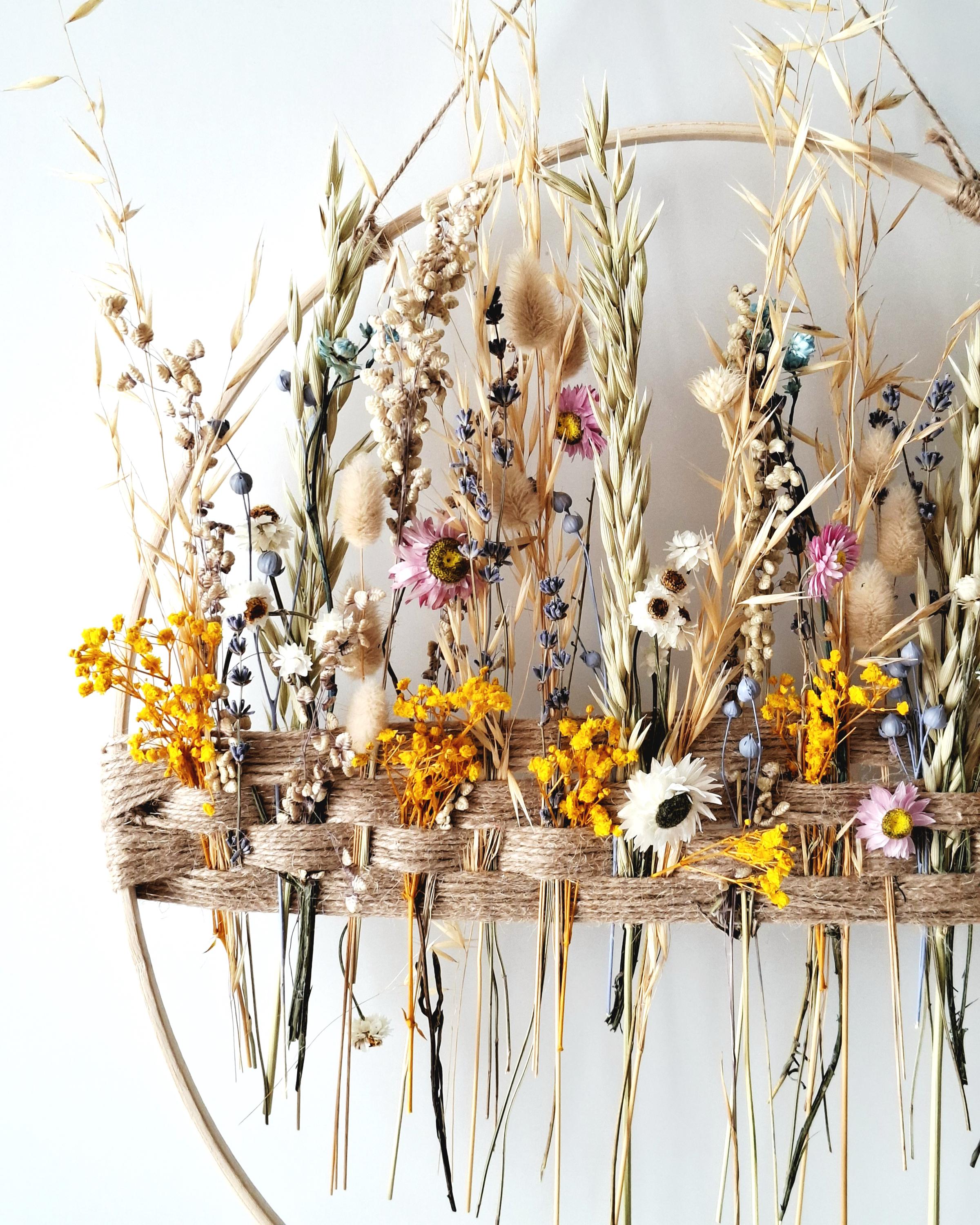 Dried Flower Wall Decor Natural Boho Wall Hanging, Handmade Floral Hoop, Rustic Home Decor, Dried Flower Ring