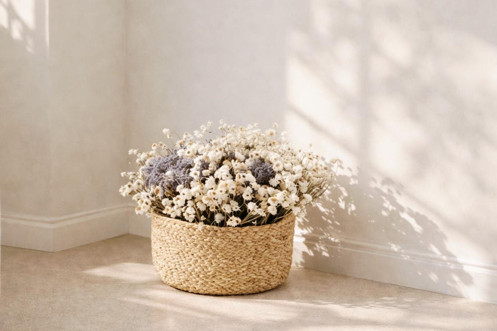 Dried flower basket ammobium and lavender natural home decor stabilized flowers