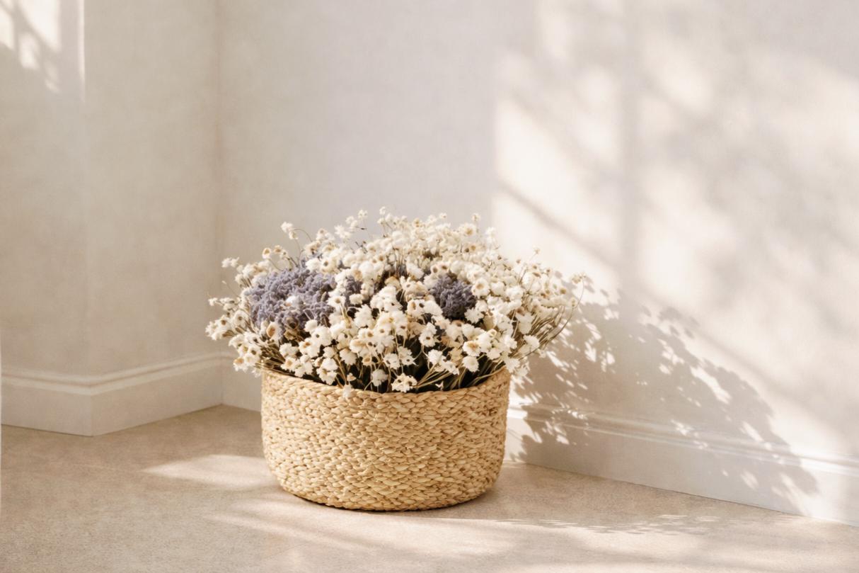Dried flower basket ammobium and lavender natural home decor stabilized flowers