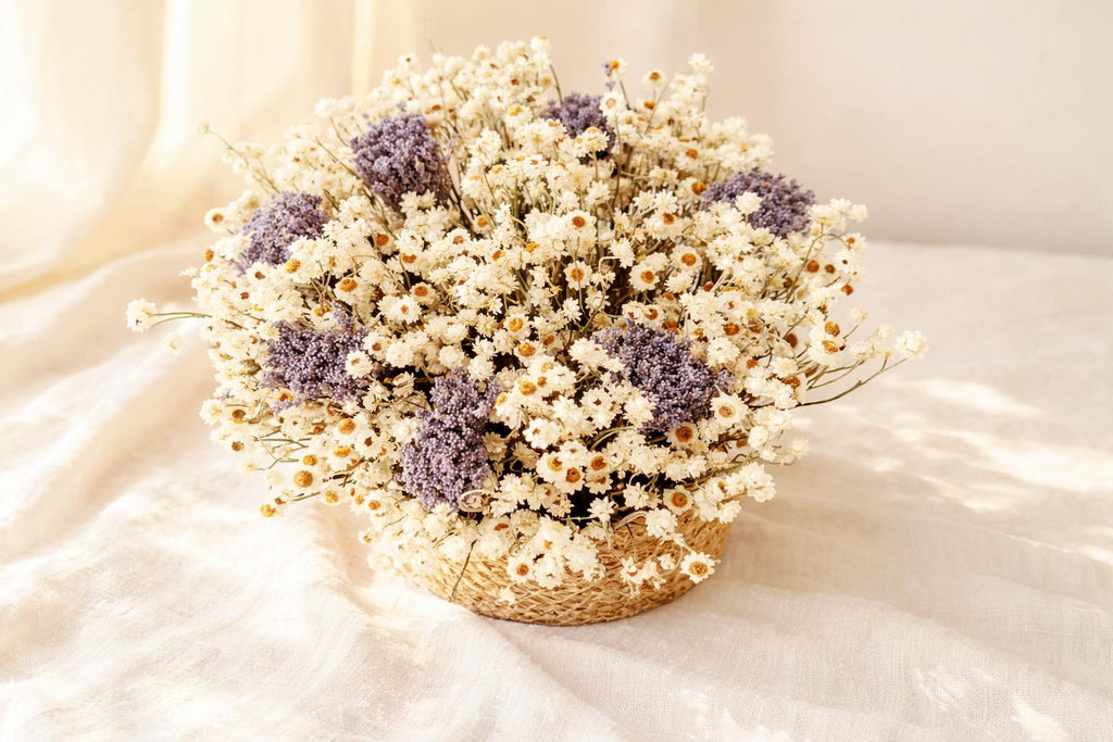 Dried flower basket ammobium and lavender natural home decor stabilized flowers