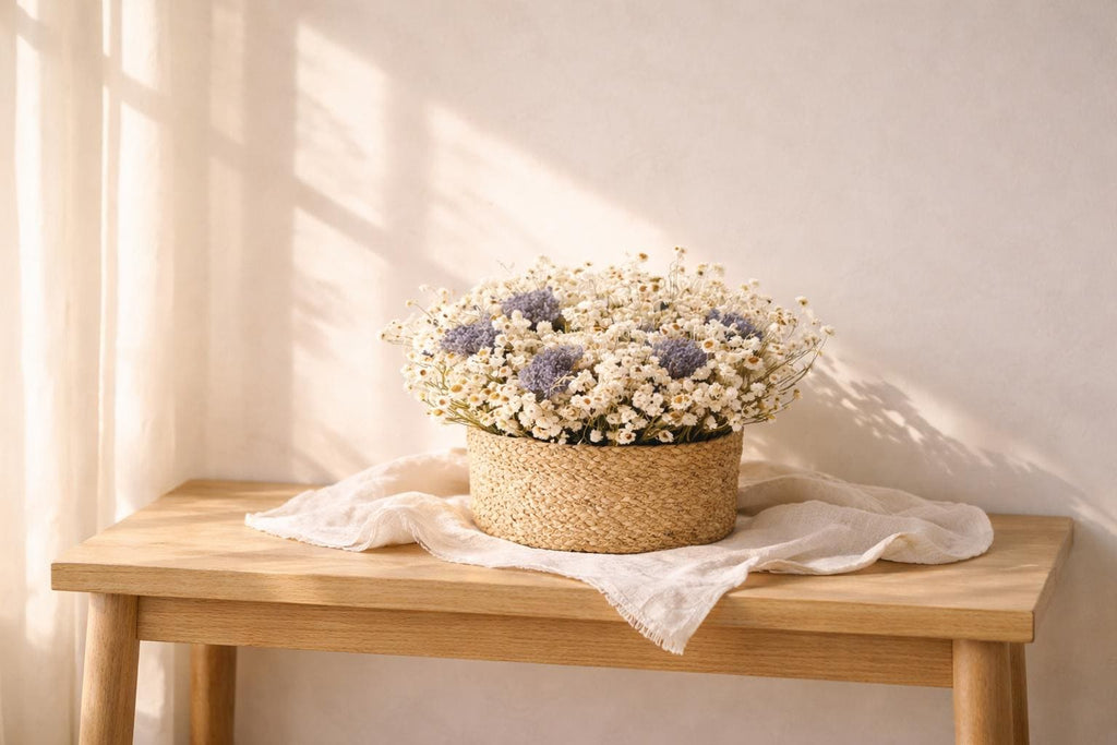 Dried flower basket ammobium and lavender natural home decor stabilized flowers