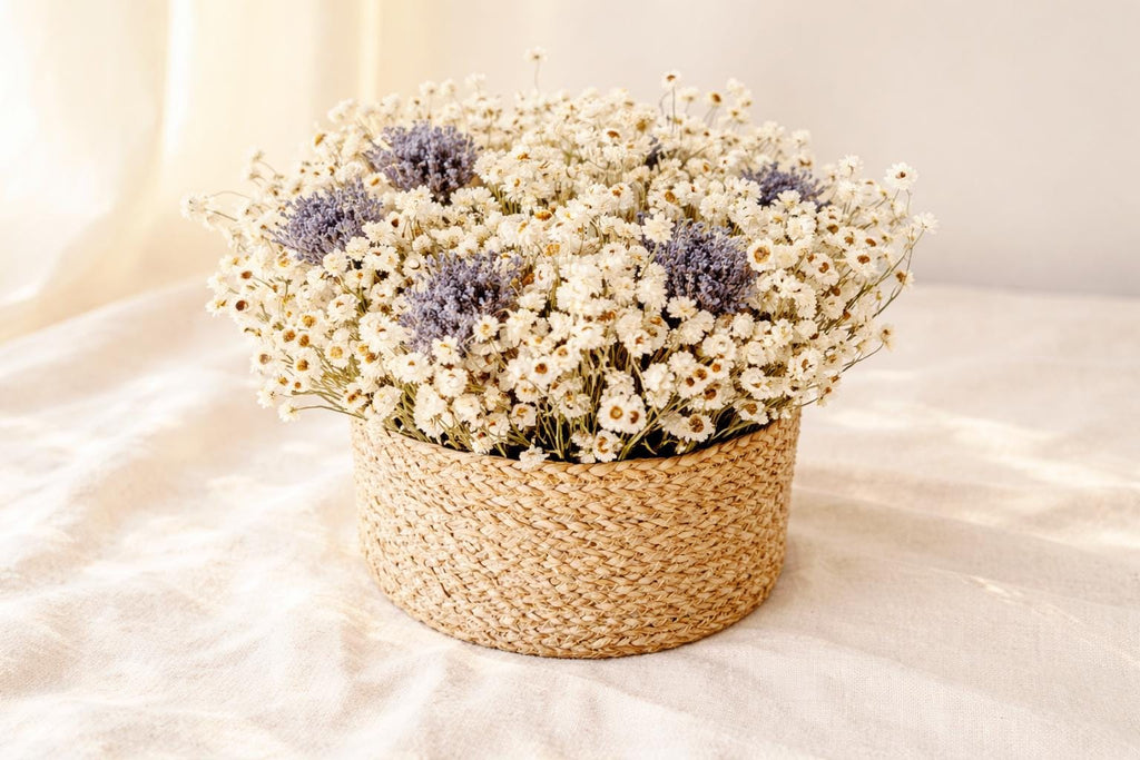Dried flower basket ammobium and lavender natural home decor stabilized flowers