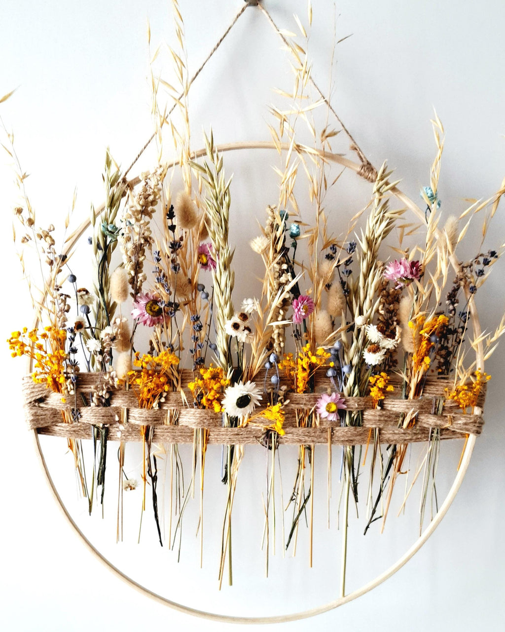 Dried Flower Wall Decor Natural Boho Wall Hanging, Handmade Floral Hoop, Rustic Home Decor, Dried Flower Ring