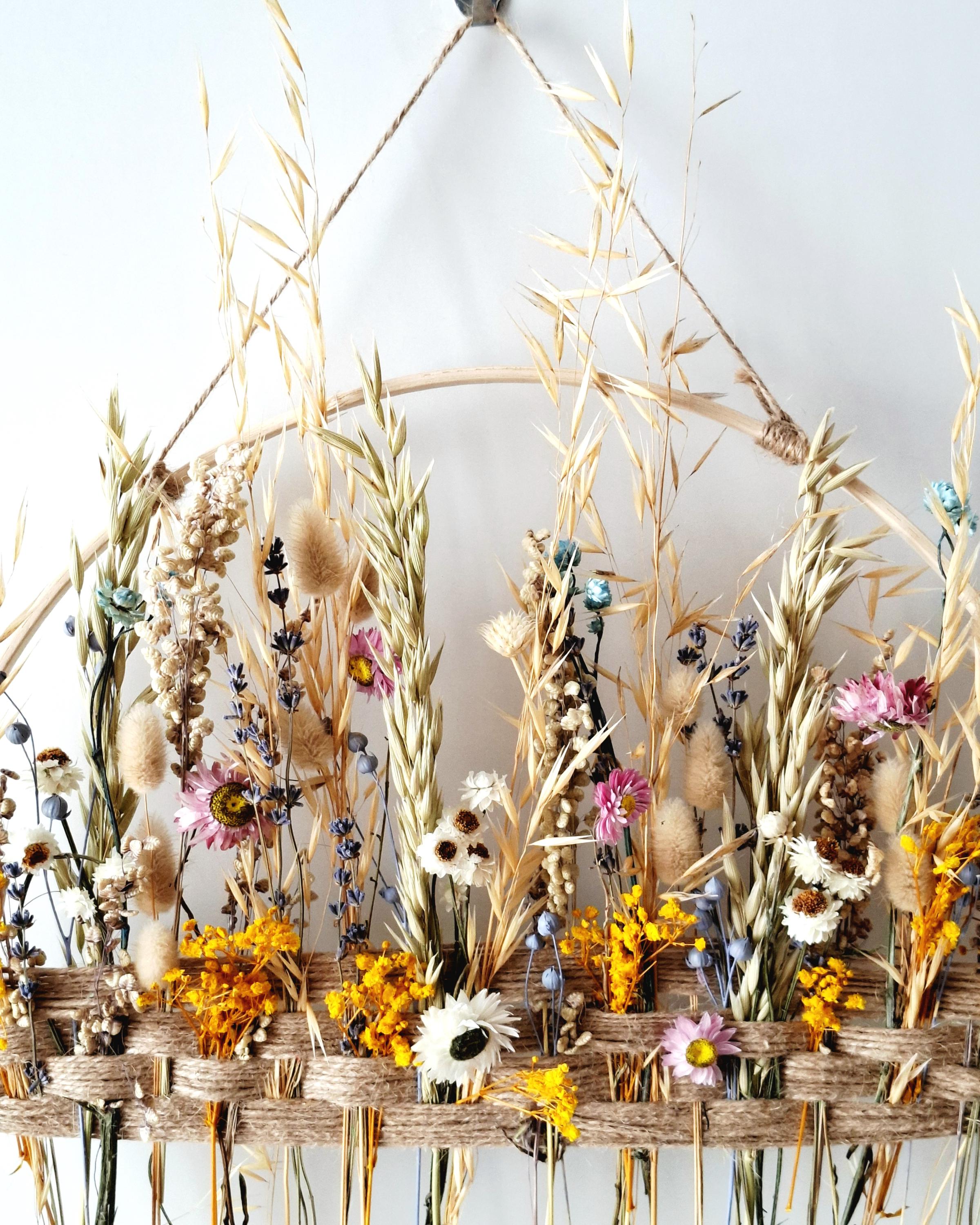 Dried Flower Wall Decor Natural Boho Wall Hanging, Handmade Floral Hoop, Rustic Home Decor, Dried Flower Ring