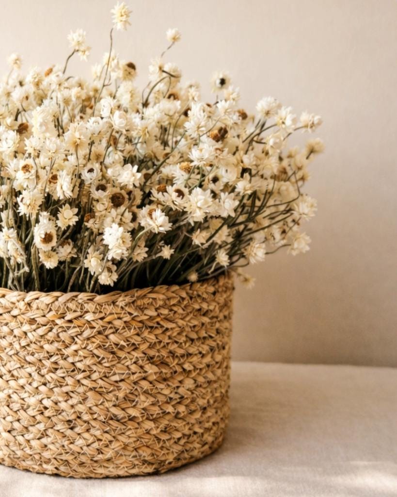 Dried Flower Basket Centerpiece, Ammobium Arrangement, Table Decor, Boho Farmhouse Home Decor, Kitchen Table Centerpiece