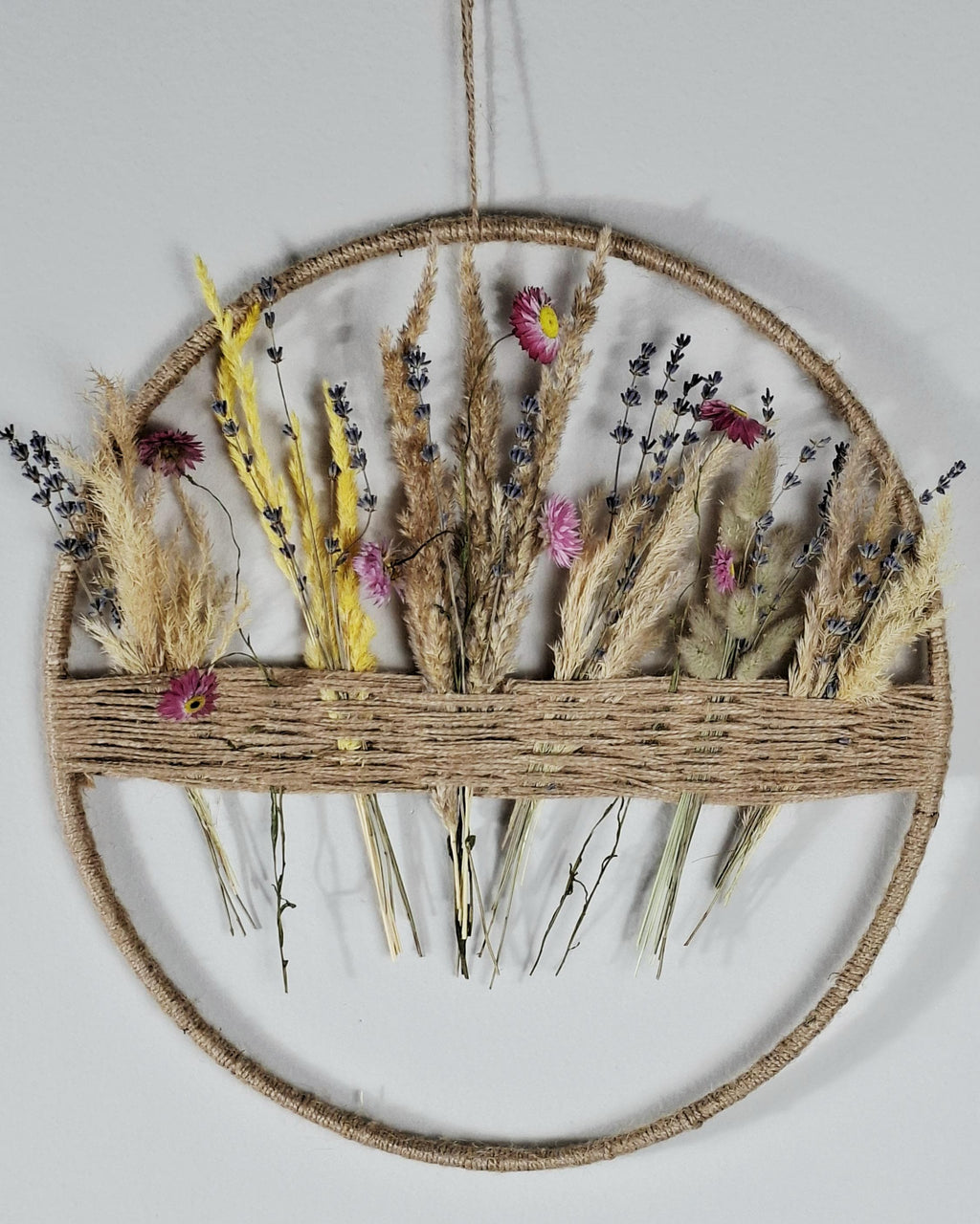 Dried Flower Wall Decor | Boho Floral Hoop Wall Hanging | Lavender & Pampas Grass Botanical Wall Art | Handmade Rustic Home Decor