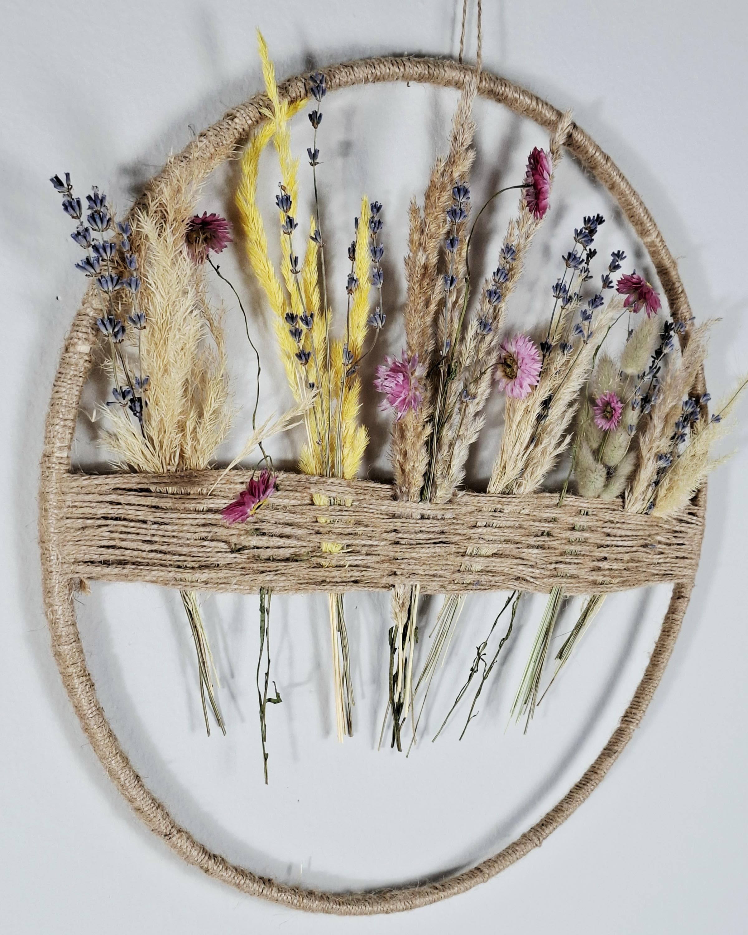 Dried Flower Wall Decor | Boho Floral Hoop Wall Hanging | Lavender & Pampas Grass Botanical Wall Art | Handmade Rustic Home Decor