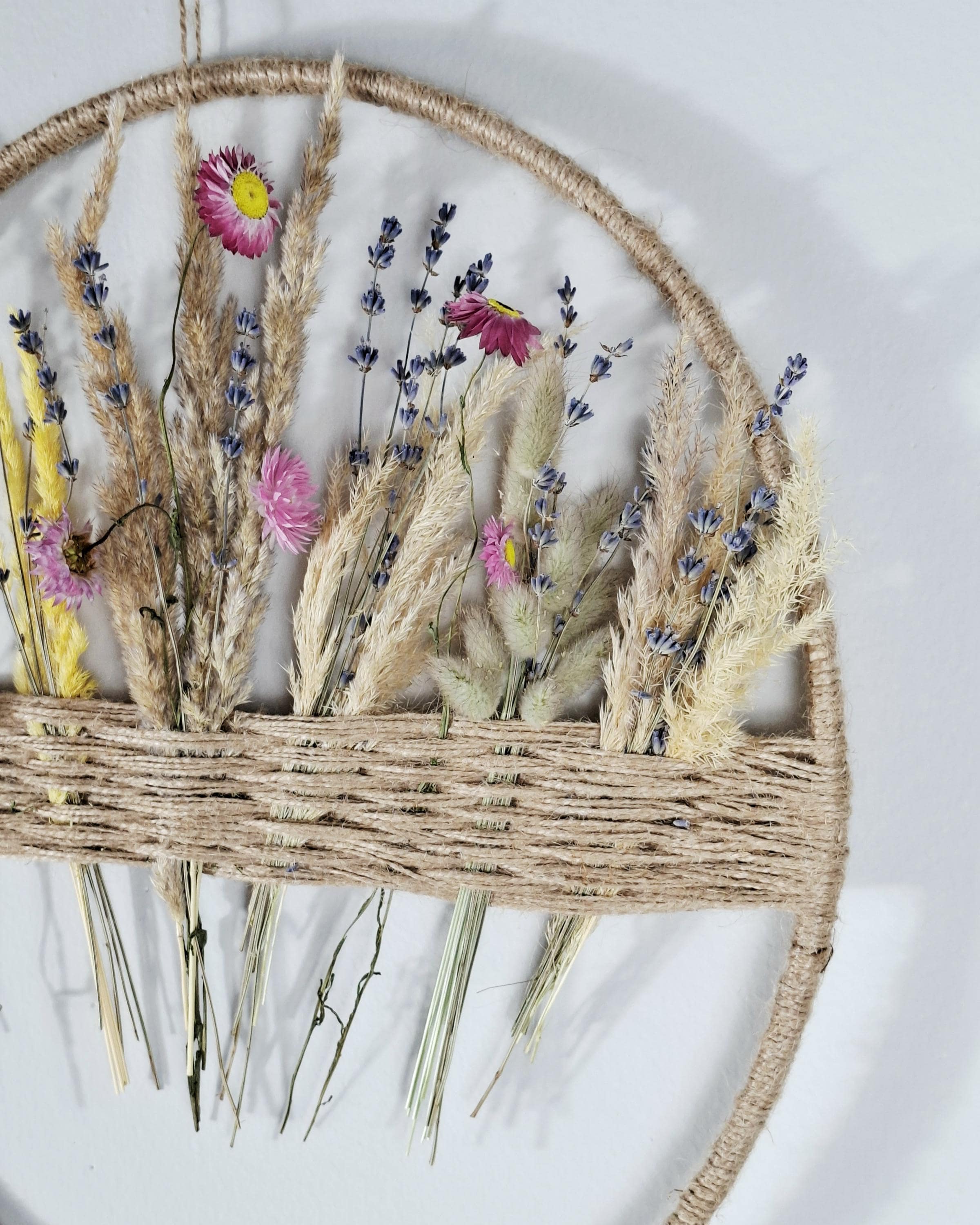Dried Flower Wall Decor | Boho Floral Hoop Wall Hanging | Lavender & Pampas Grass Botanical Wall Art | Handmade Rustic Home Decor