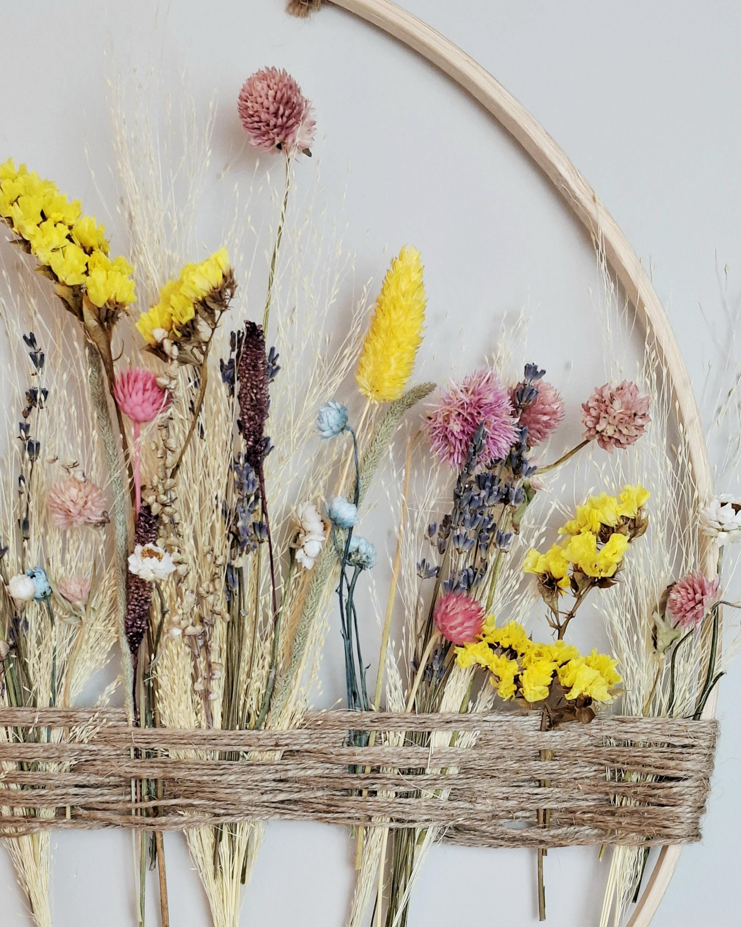 Dried Flower Wall Decor Natural Boho Wall Hanging, Handmade Floral Hoop, Rustic Home Decor, Dried Flower Ring