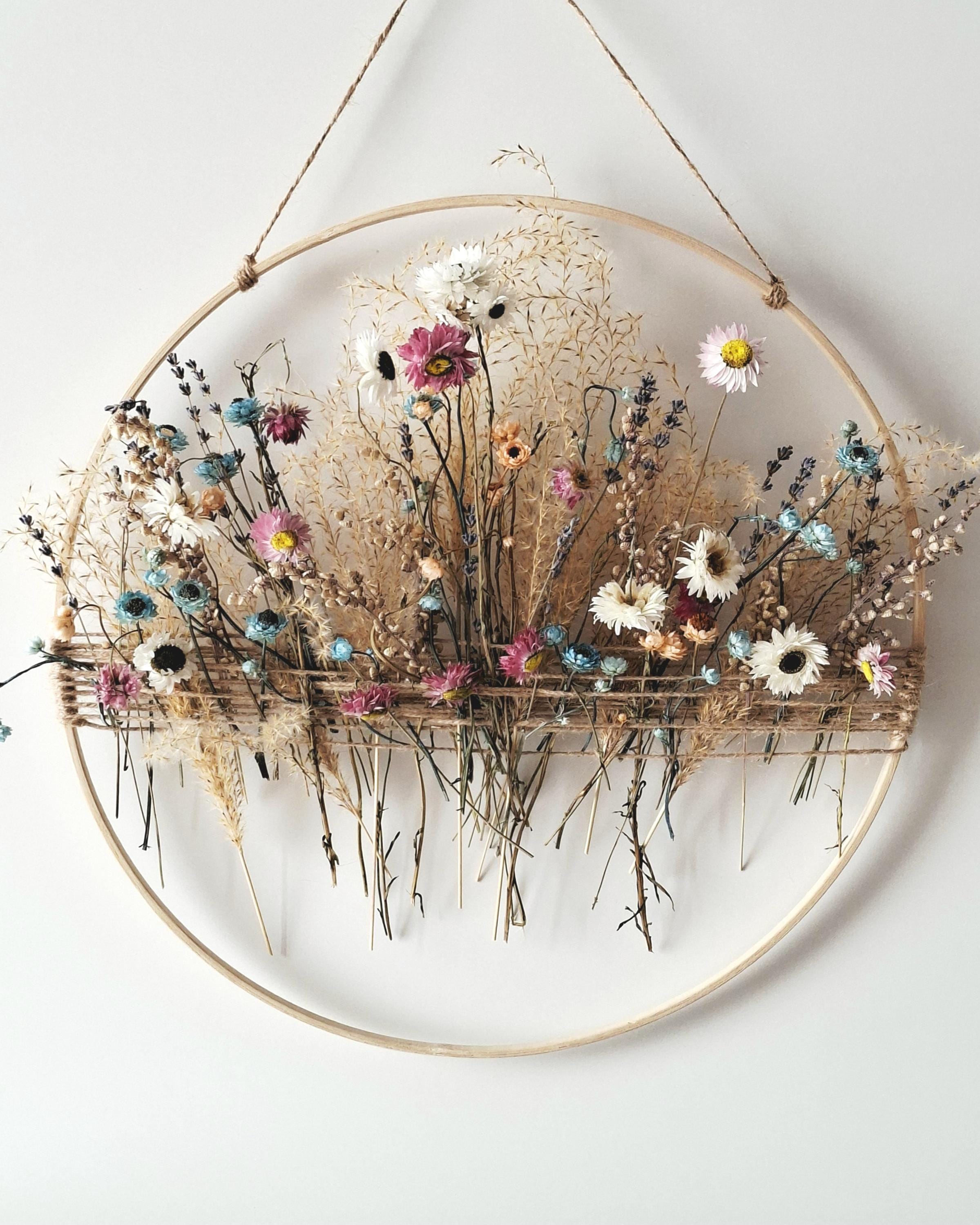Dried Flower Wall Decor, Natural Floral Wall Hanging, Handmade Hoop Decoration, Rustic Boho Home Decor, Unique Gift Idea