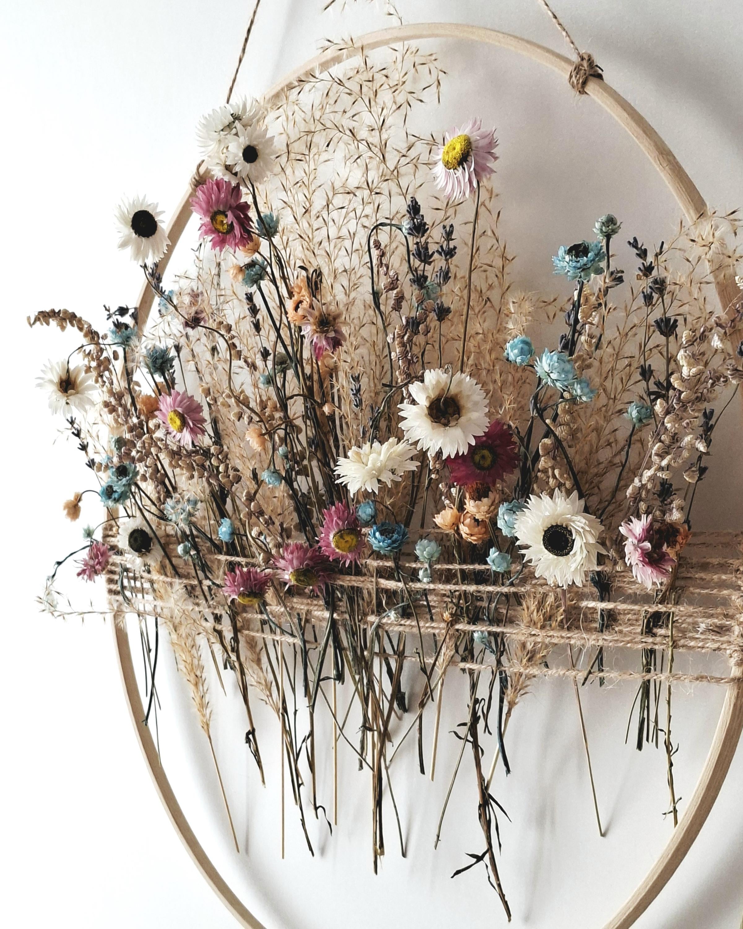 Dried Flower Wall Decor, Natural Floral Wall Hanging, Handmade Hoop Decoration, Rustic Boho Home Decor, Unique Gift Idea