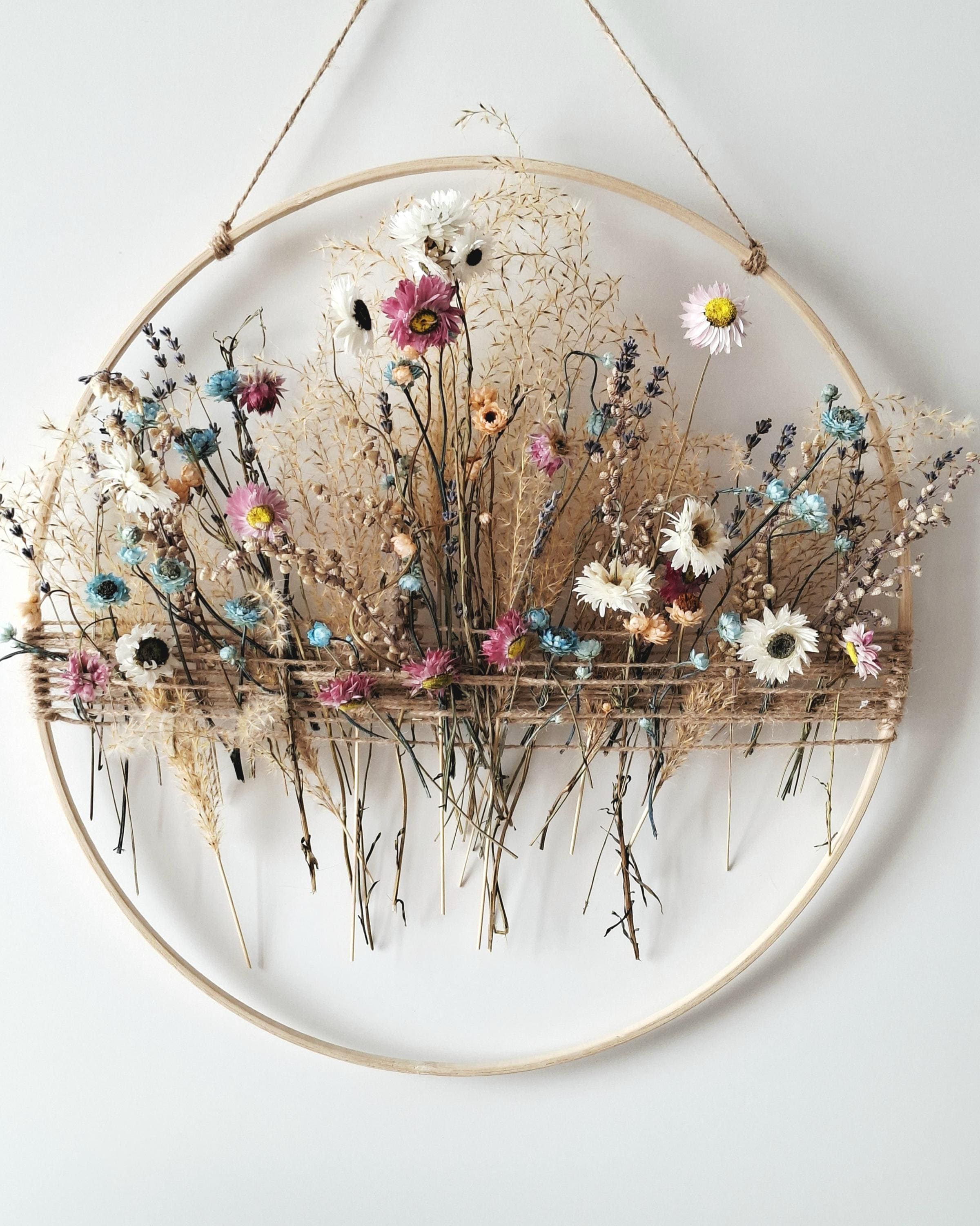Dried Flower Wall Decor, Natural Floral Wall Hanging, Handmade Hoop Decoration, Rustic Boho Home Decor, Unique Gift Idea