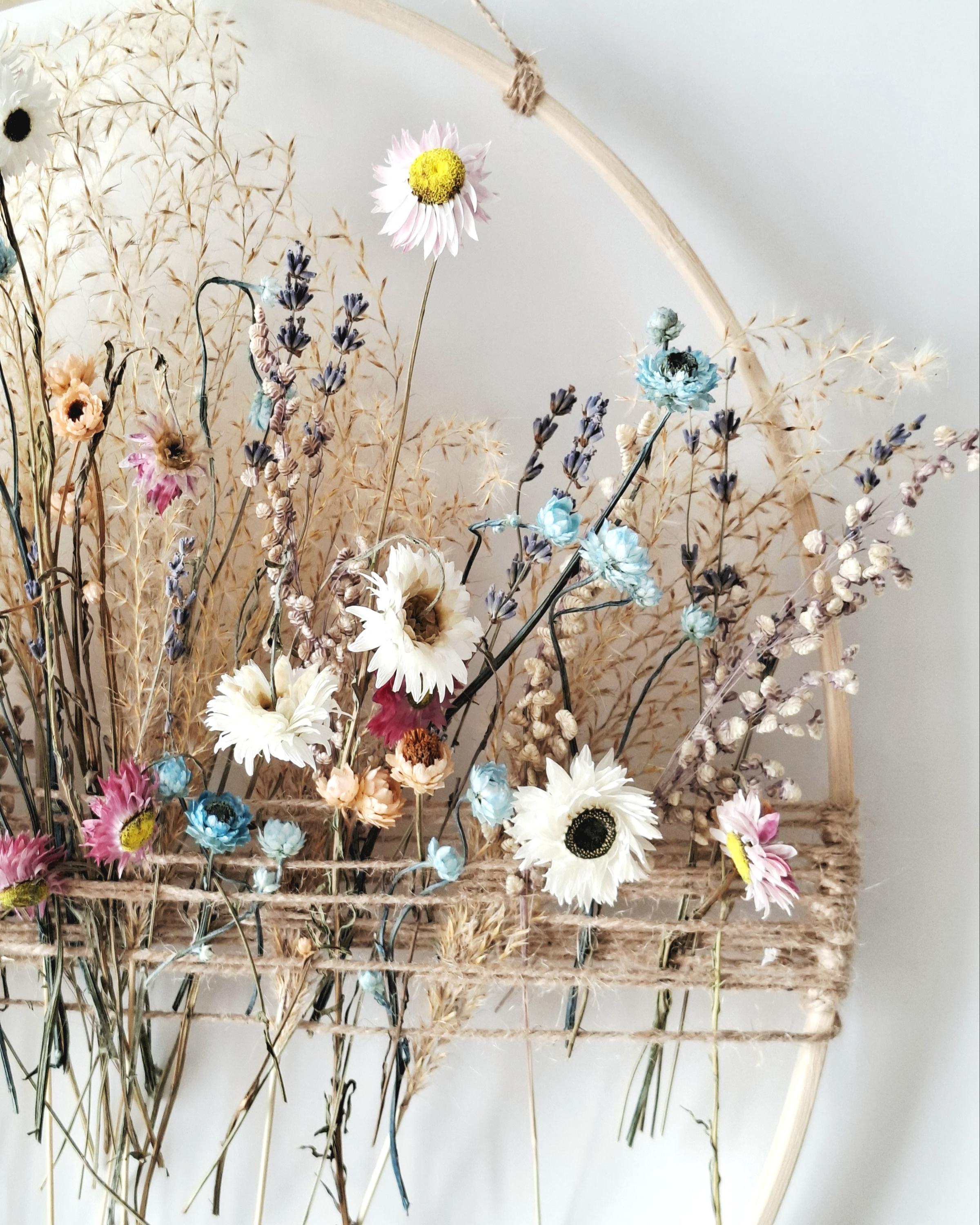 Dried Flower Wall Decor, Natural Floral Wall Hanging, Handmade Hoop Decoration, Rustic Boho Home Decor, Unique Gift Idea