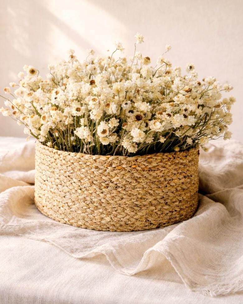 Dried Flower Basket Centerpiece, Ammobium Arrangement, Table Decor, Boho Farmhouse Home Decor, Kitchen Table Centerpiece