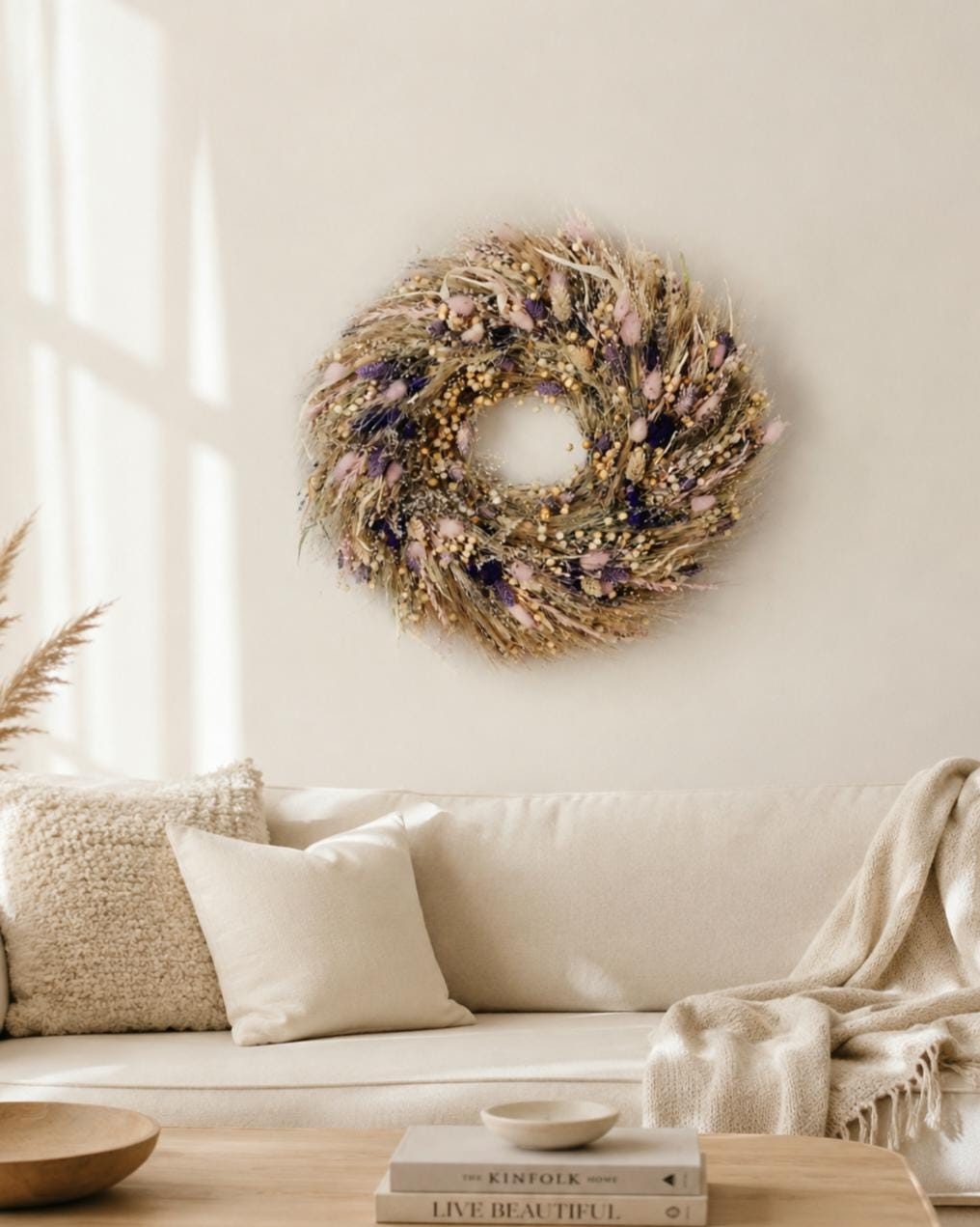 Dried Flower Wreath, Neutral Botanical Wall Decor, Scandinavian Floral Wreath, Minimalist Dried Flower Hoop, Cottagecore Wall Hanging