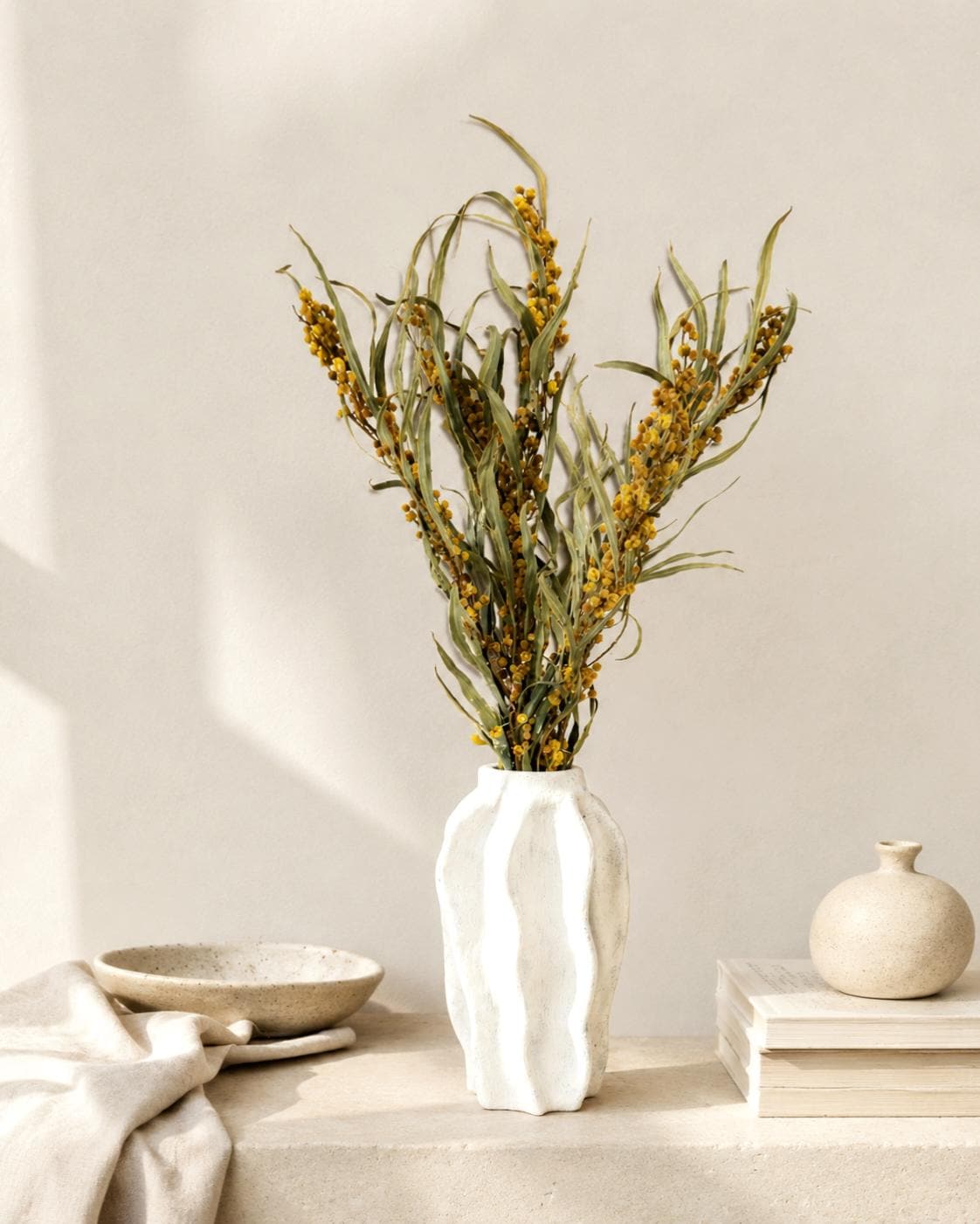 Dried Mimosa Bouquet Natural, Yellow Mimosa Branches, Eco Friendly Floral Decor, Minimalist Home Styling, Gift Idea