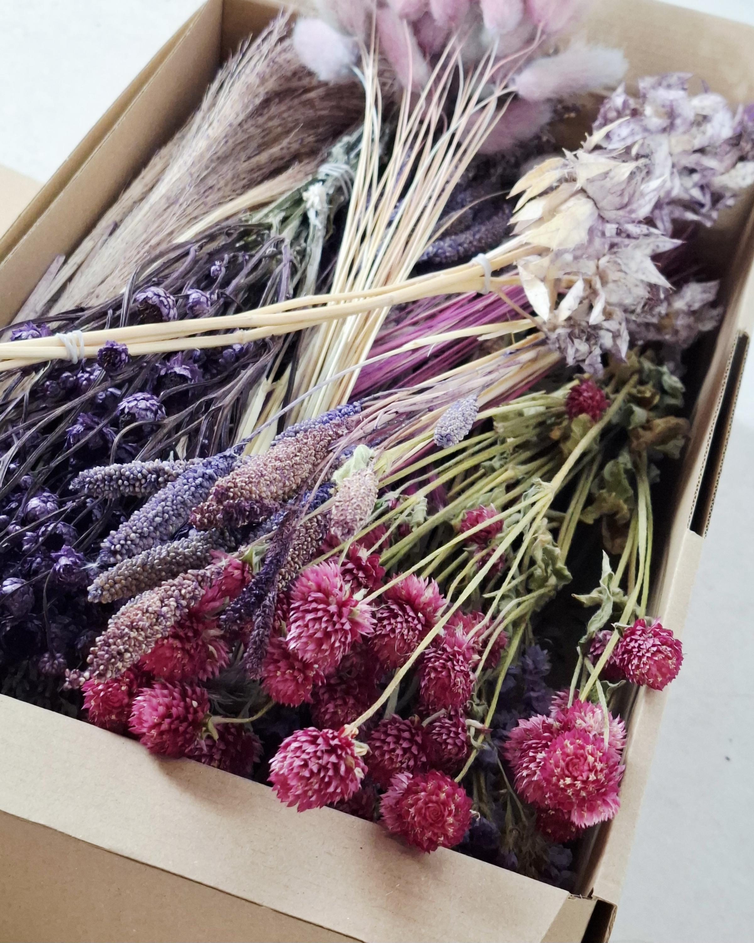Purple & Pink Dried Flower Box for Crafts – Lavender Botanical DIY Kit, Romantic Floral Supply Box for Resin Art Decor