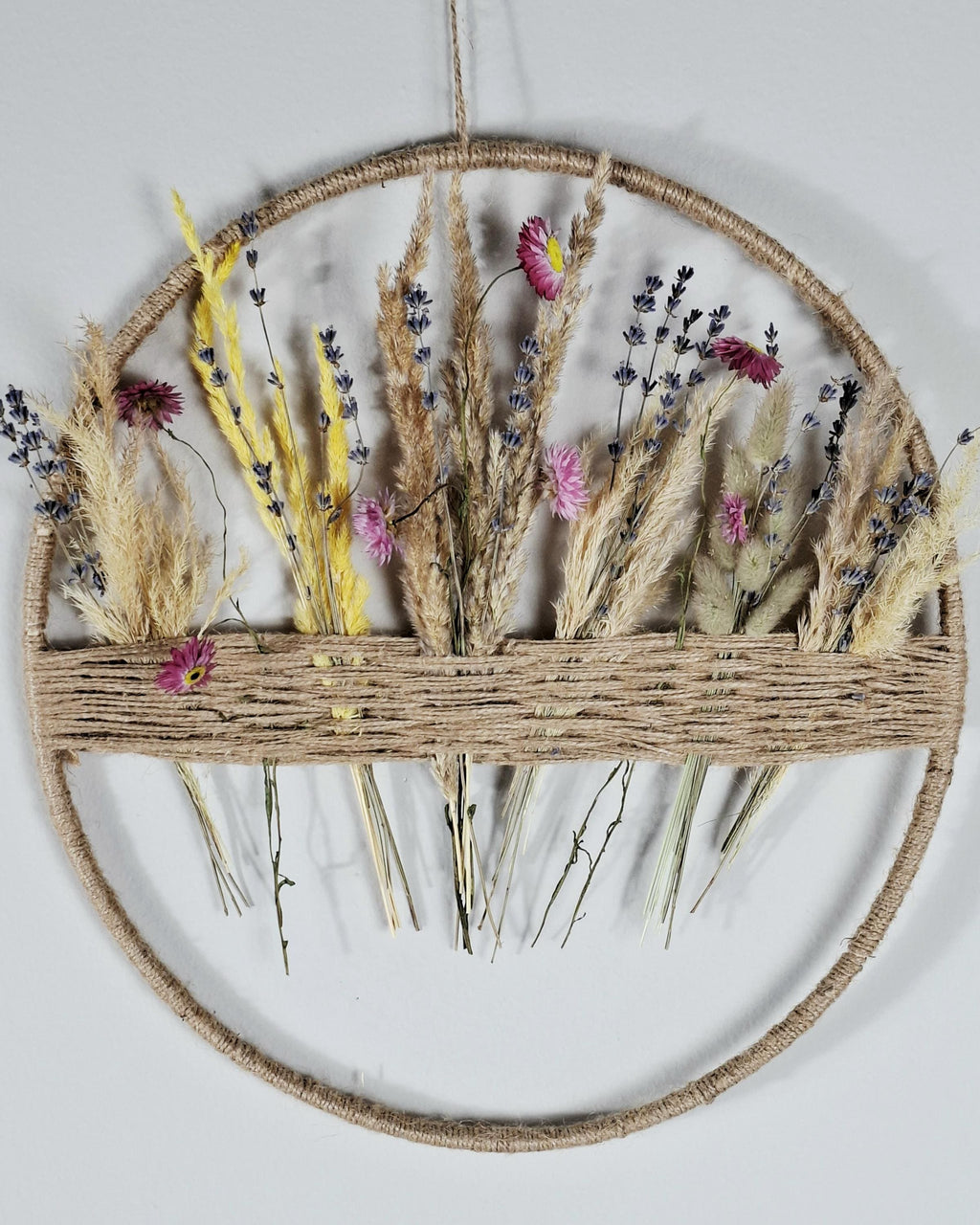 Dried Flower Wall Decor | Boho Floral Hoop Wall Hanging | Lavender & Pampas Grass Botanical Wall Art | Handmade Rustic Home Decor