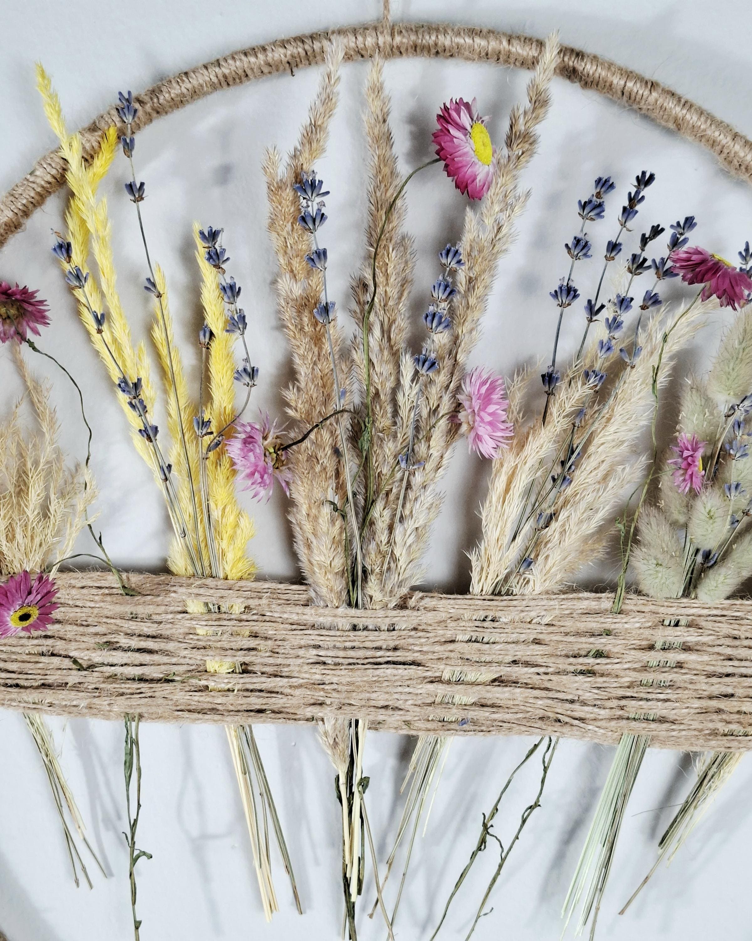 Dried Flower Wall Decor | Boho Floral Hoop Wall Hanging | Lavender & Pampas Grass Botanical Wall Art | Handmade Rustic Home Decor