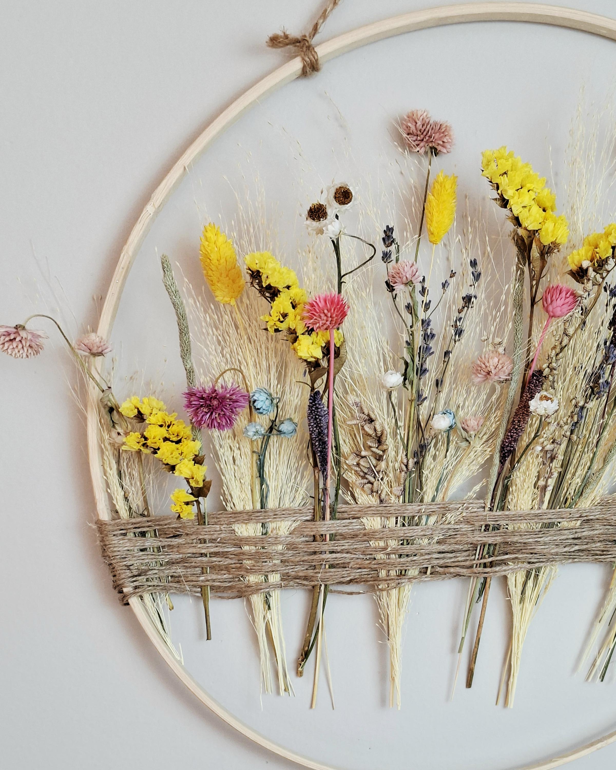 Dried Flower Wall Decor Natural Boho Wall Hanging, Handmade Floral Hoop, Rustic Home Decor, Dried Flower Ring