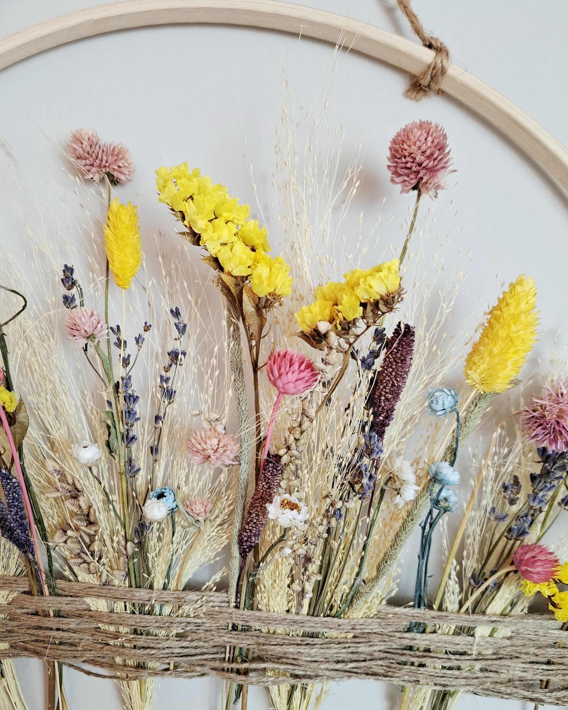 Dried Flower Wall Decor Natural Boho Wall Hanging, Handmade Floral Hoop, Rustic Home Decor, Dried Flower Ring