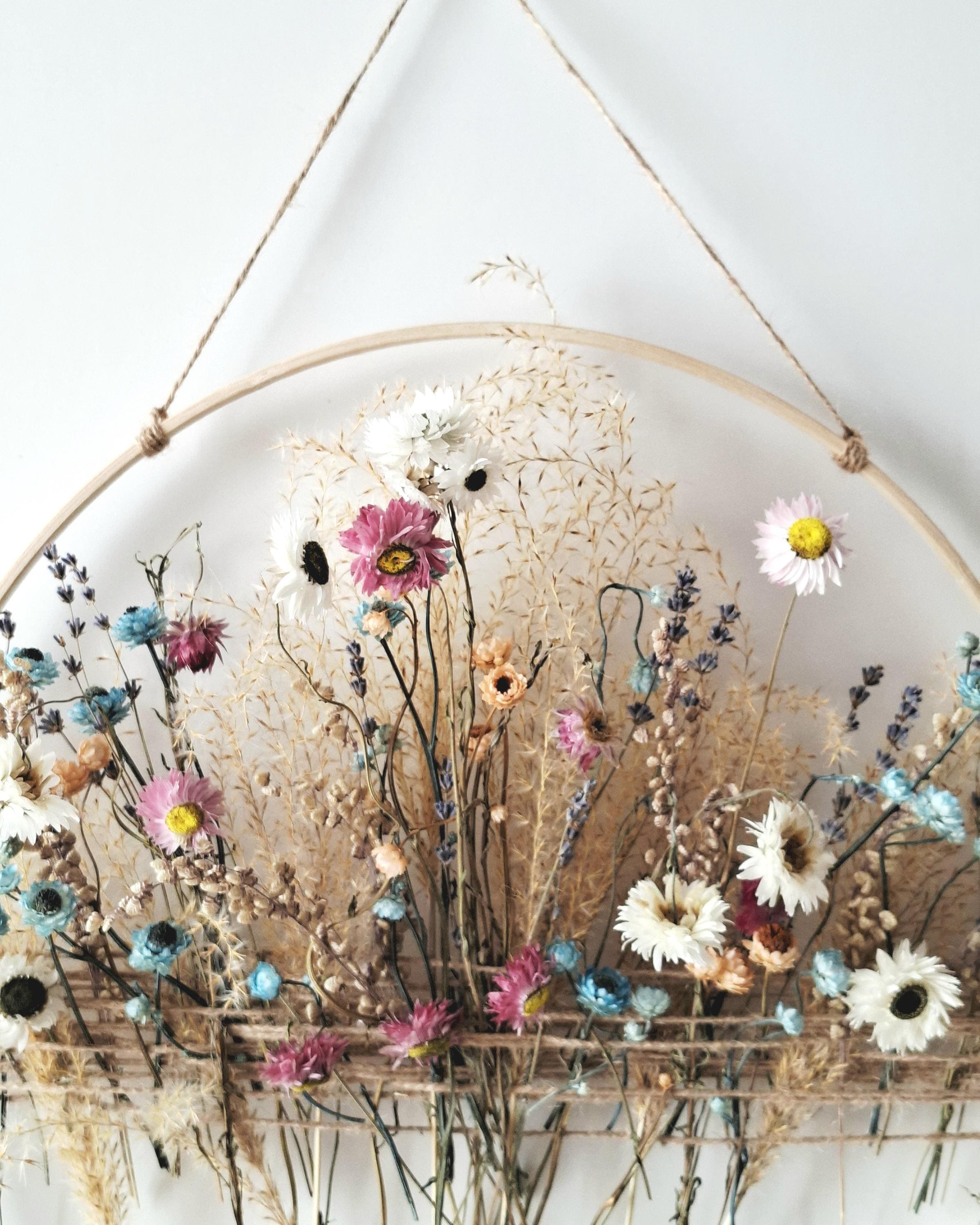 Dried Flower Wall Decor, Natural Floral Wall Hanging, Handmade Hoop Decoration, Rustic Boho Home Decor, Unique Gift Idea