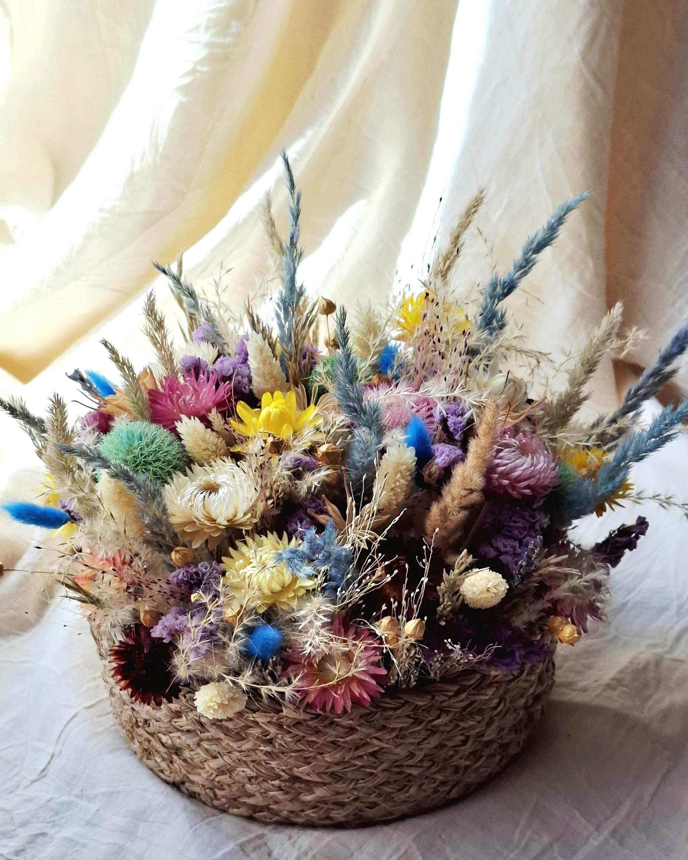Colorful Dried Flower Basket, Preserved Floral Arrangement, Botanical Centerpiece, Modern Home Decor