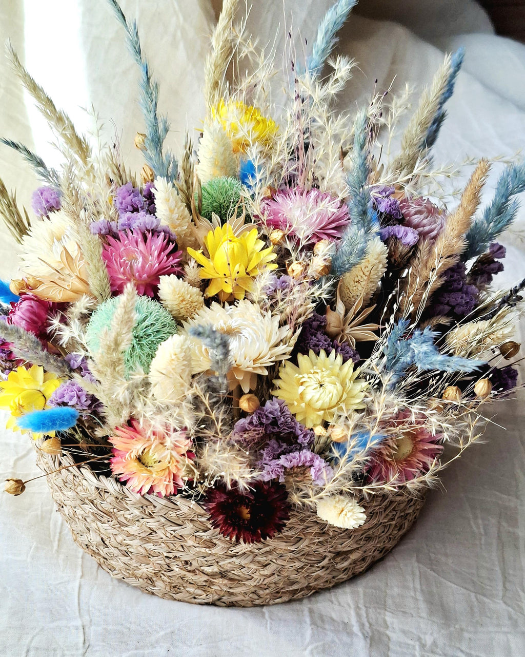 Colorful Dried Flower Basket, Preserved Floral Arrangement, Botanical Centerpiece, Modern Home Decor