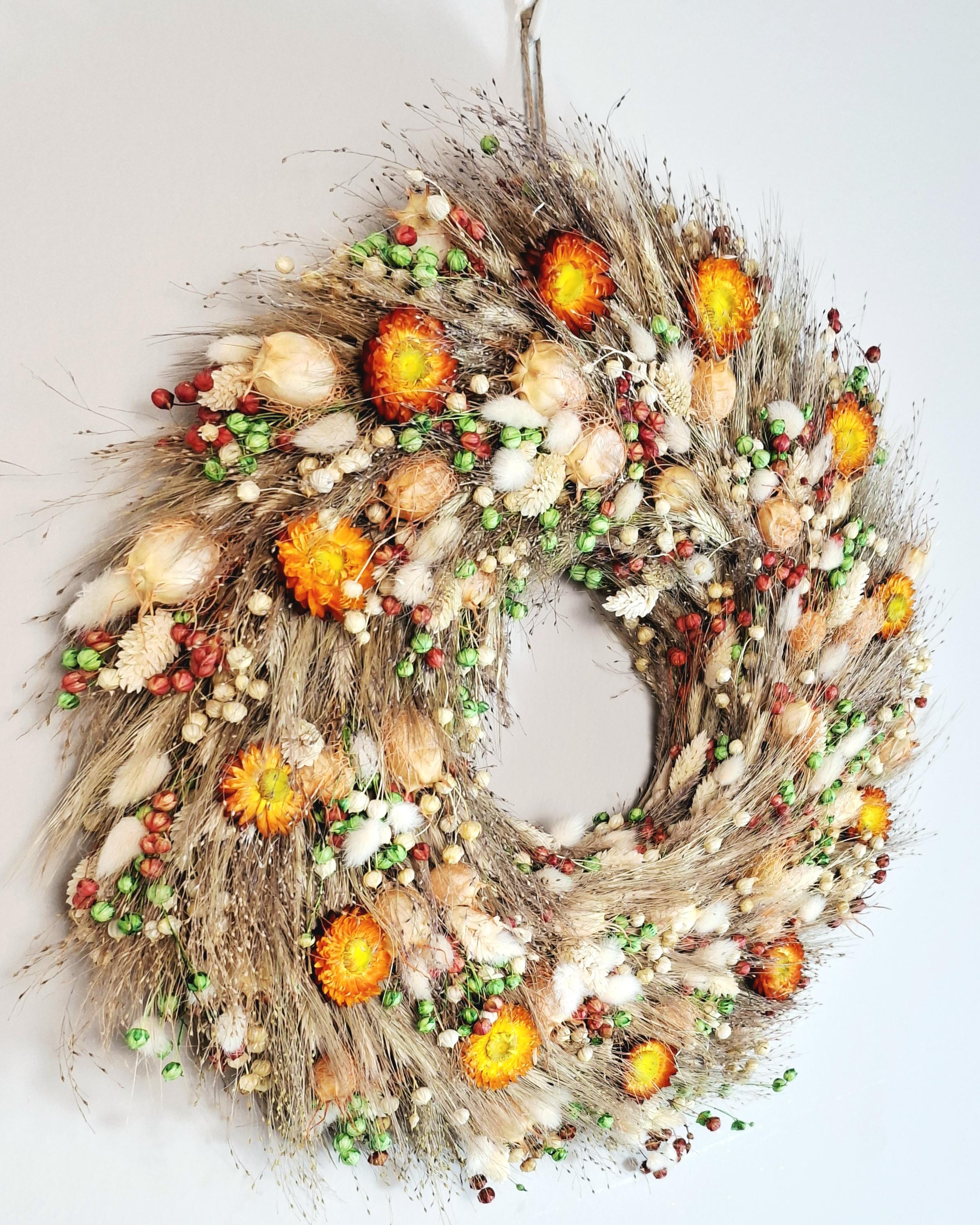 Boho Dried Flower Wreath – Rustic Wall Decor – Large Natural Floral Wreath – Cottagecore Farmhouse Decor – Handmade Wall Hanging