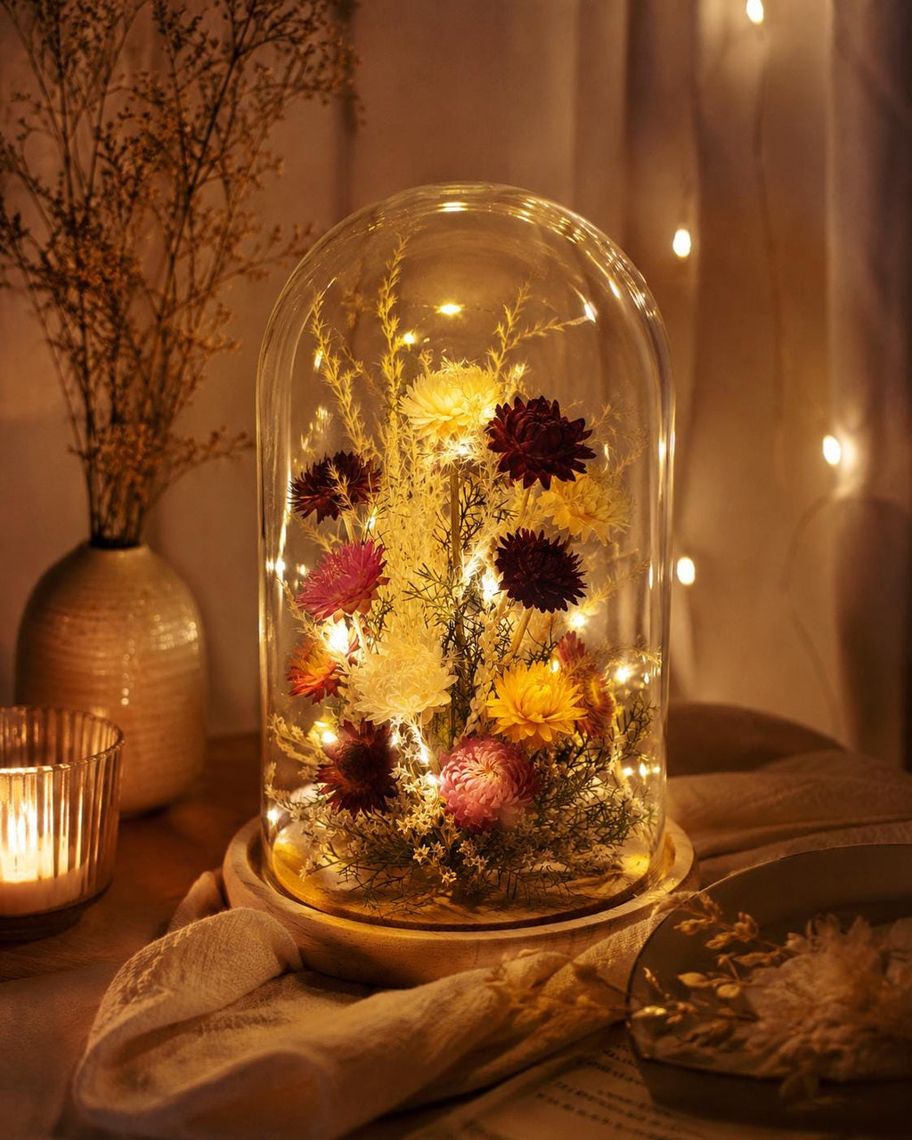 Dried Flower Glass Dome, Preserved Flower Arrangement, Botanical Decor, Cottagecore Home Decor, Glass Cloche Display, Unique Floral Gift
