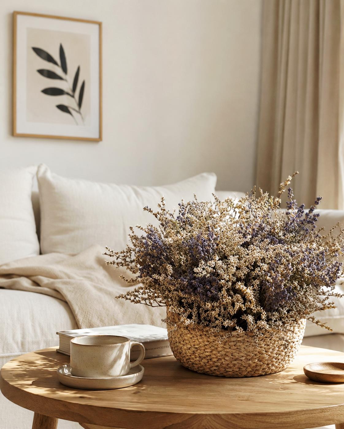 Lavender Dried Flower Basket – Preserved Lavender Arrangement – Botanical Table Centerpiece – Natural Floral Basket