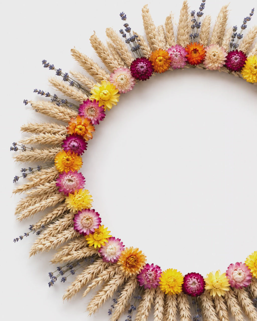 Dried Flower Wall Wreath - Wheat Lavender Strawflower Plaque