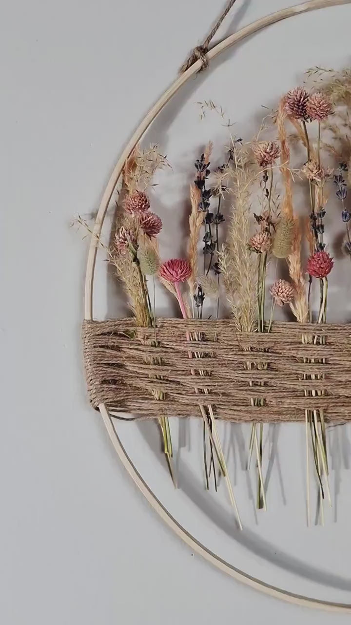 Dried Flower Wall Decor | Boho Floral Hoop Wall Hanging | Handmade Pampas Grass & Lavender Wall Art | Rustic Botanical Home Decor