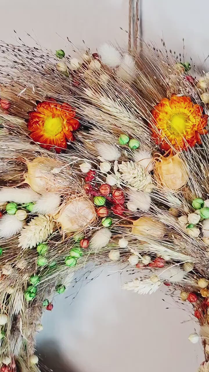 Boho Dried Flower Wreath – Rustic Wall Decor – Large Natural Floral Wreath – Cottagecore Farmhouse Decor – Handmade Wall Hanging