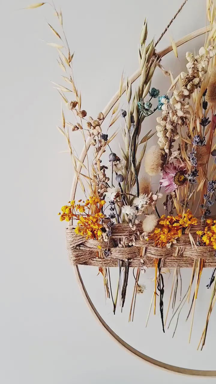 Dried Flower Wall Decor Natural Boho Wall Hanging, Handmade Floral Hoop, Rustic Home Decor, Dried Flower Ring