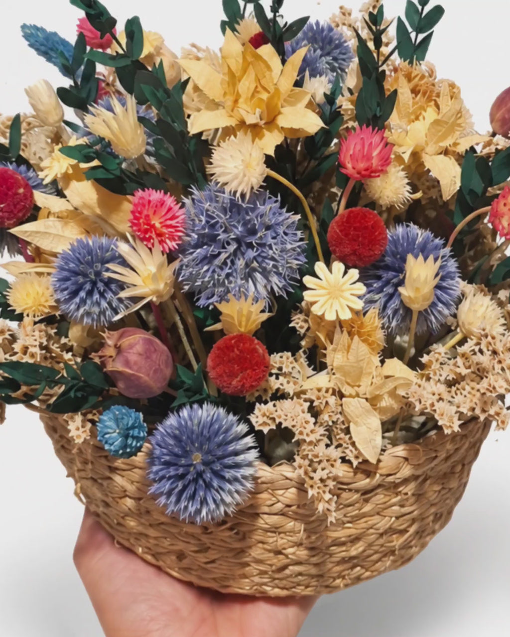 Dried Flower Basket Arrangement - Wild Cephalaria & Echinops Decor