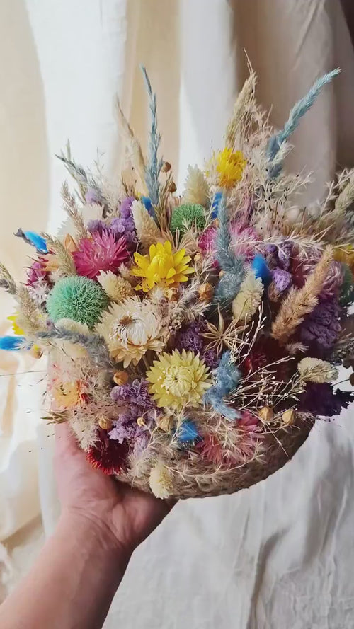 Colorful Dried Flower Basket, Preserved Floral Arrangement, Botanical Centerpiece, Modern Home Decor