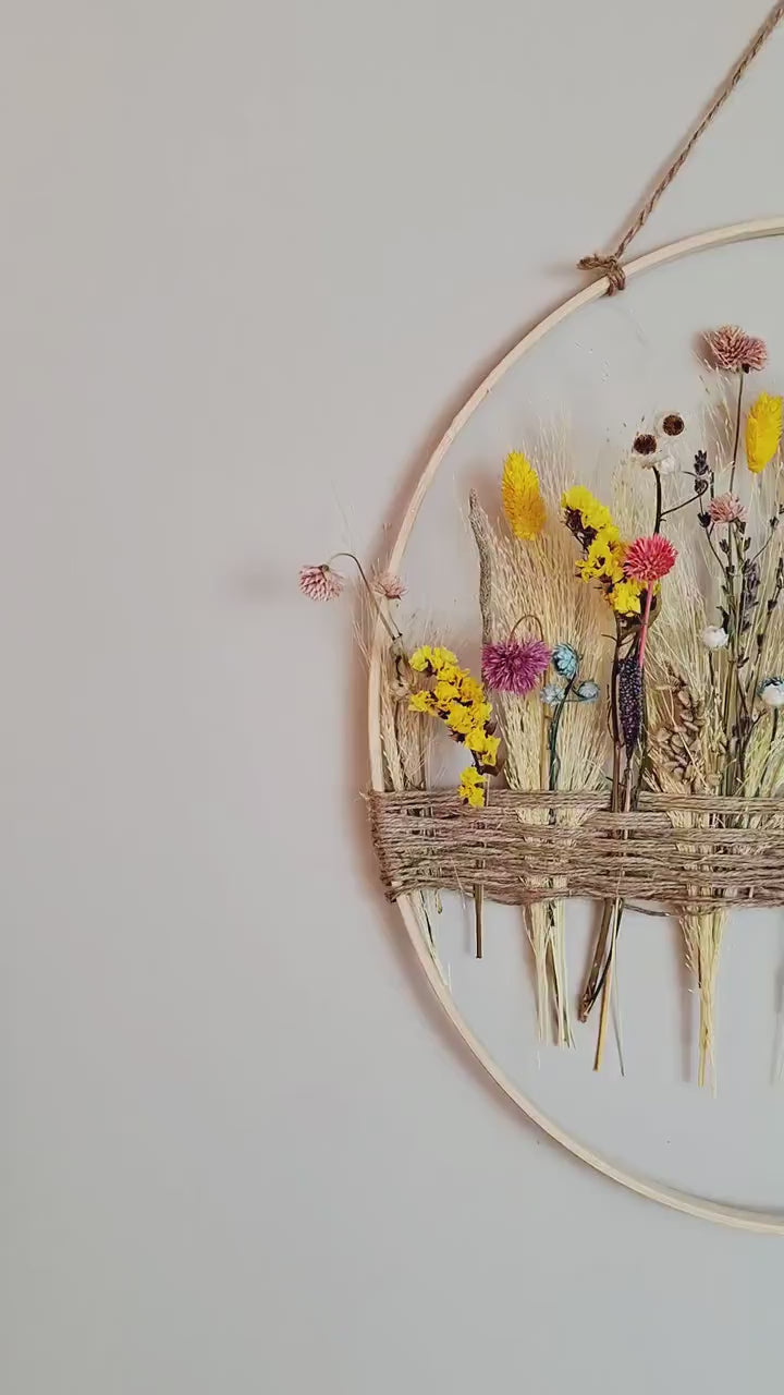 Boho Dried Flower Wall Decor, Floral Hoop Wall Hanging, Rustic Botanical Wall Art, Cottagecore Flower Arrangement, Handmade Home Decor