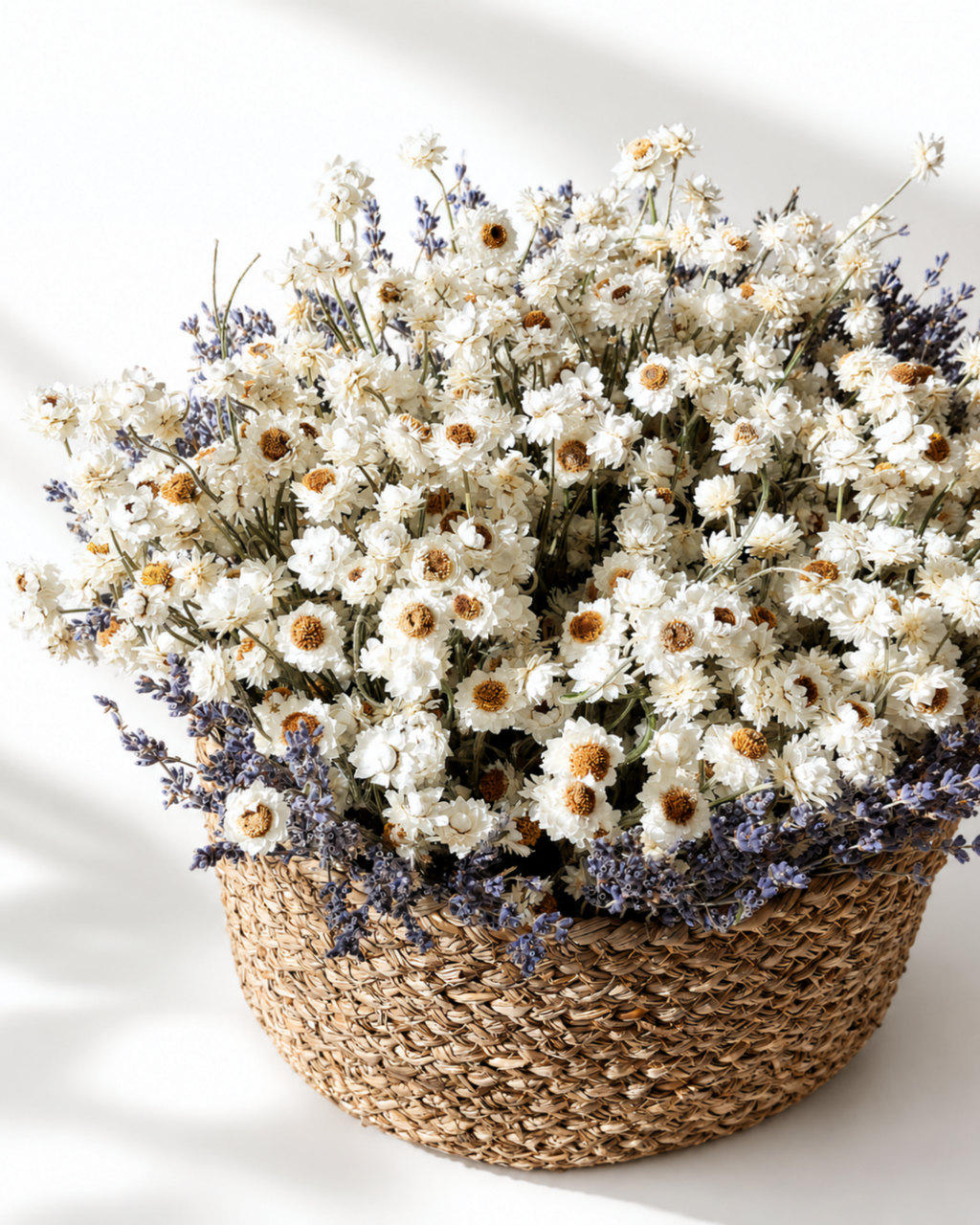 Dried Ammobium & Lavender Basket Arrangement - White & Purple Decor