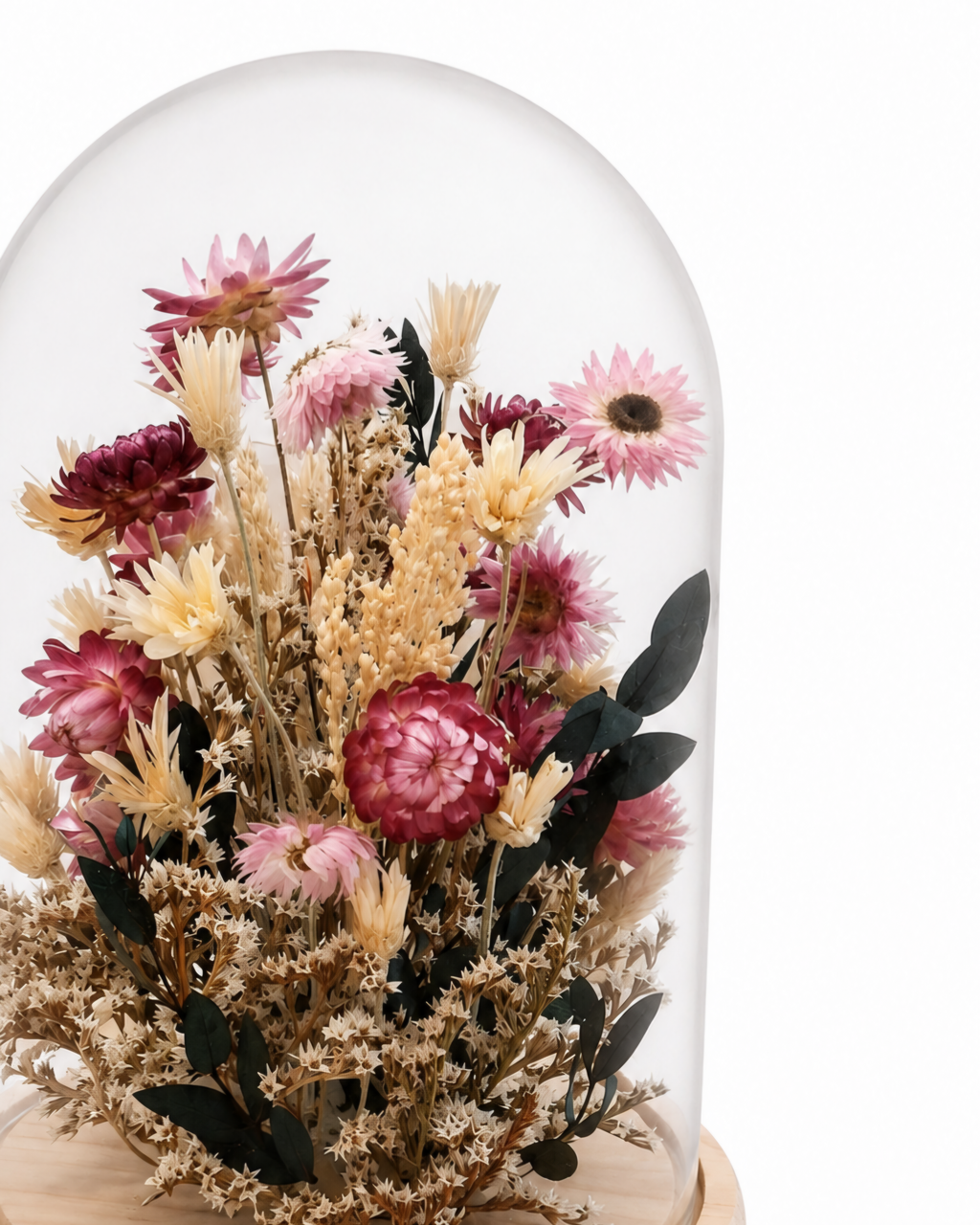 Dried Flower Glass Dome Arrangement - Pink Cloche Centerpiece