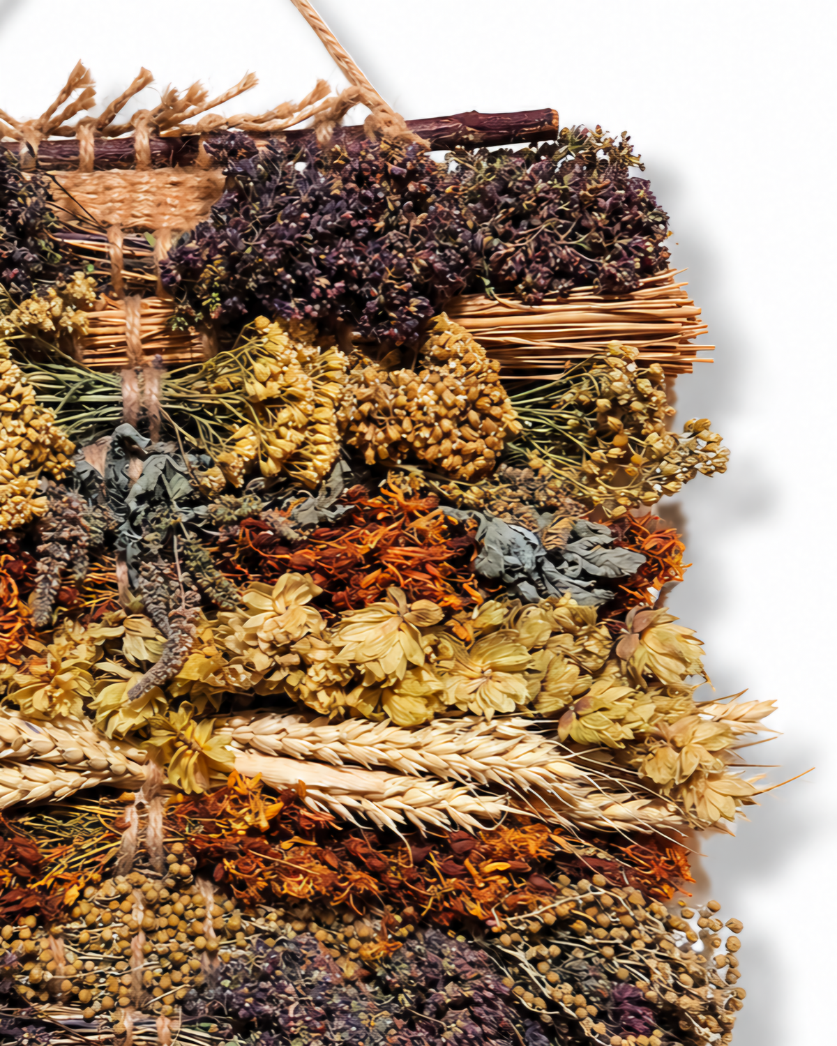 Close-up texture of dried oregano, yellow wildflowers, wheat stalks, and woven straw support.
