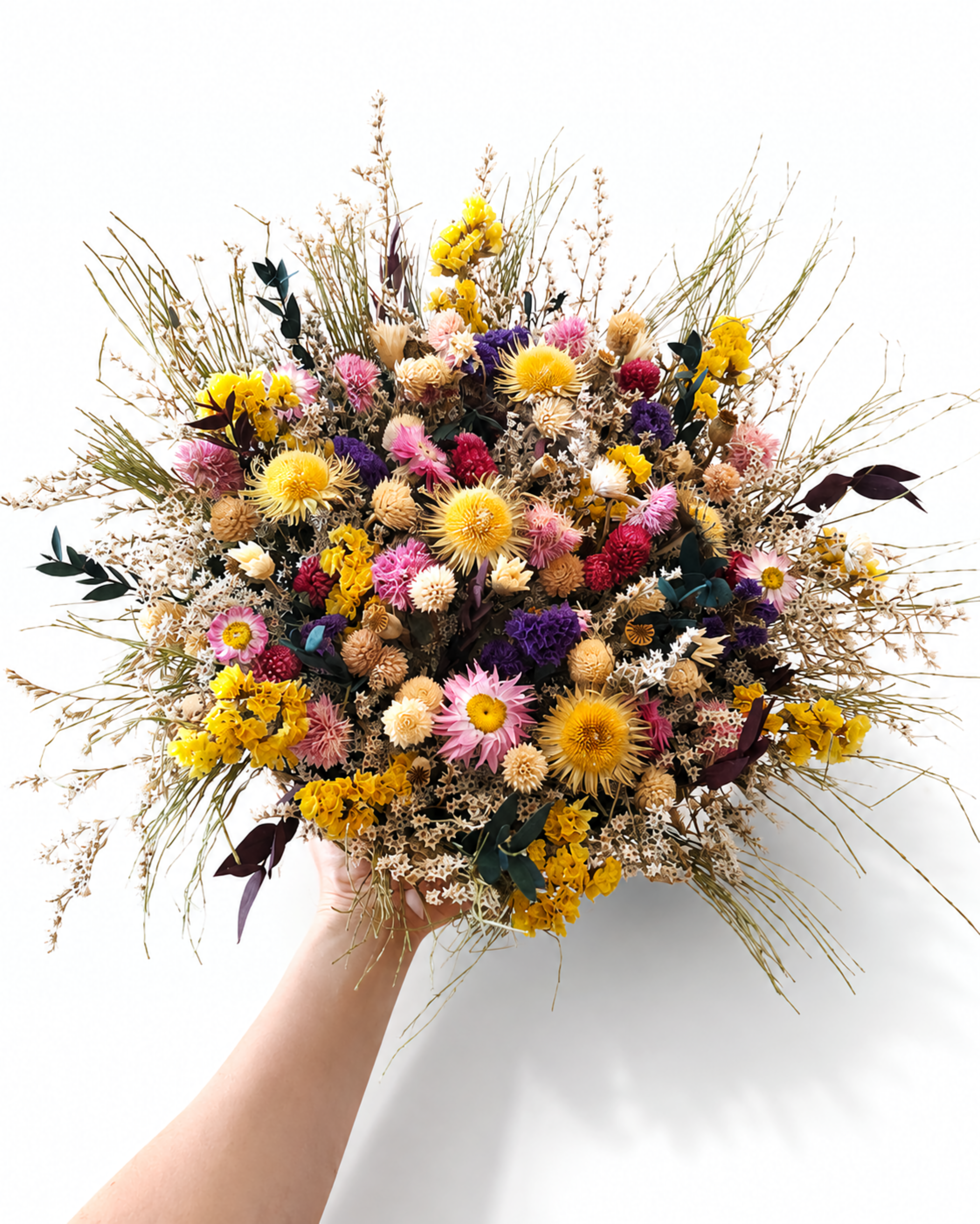 Dried Wildflower Basket Arrangement - Colorful Boho Table Decor