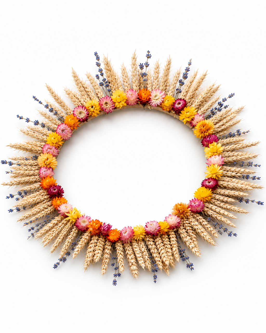 Dried Flower Wall Wreath - Wheat Lavender Strawflower Plaque