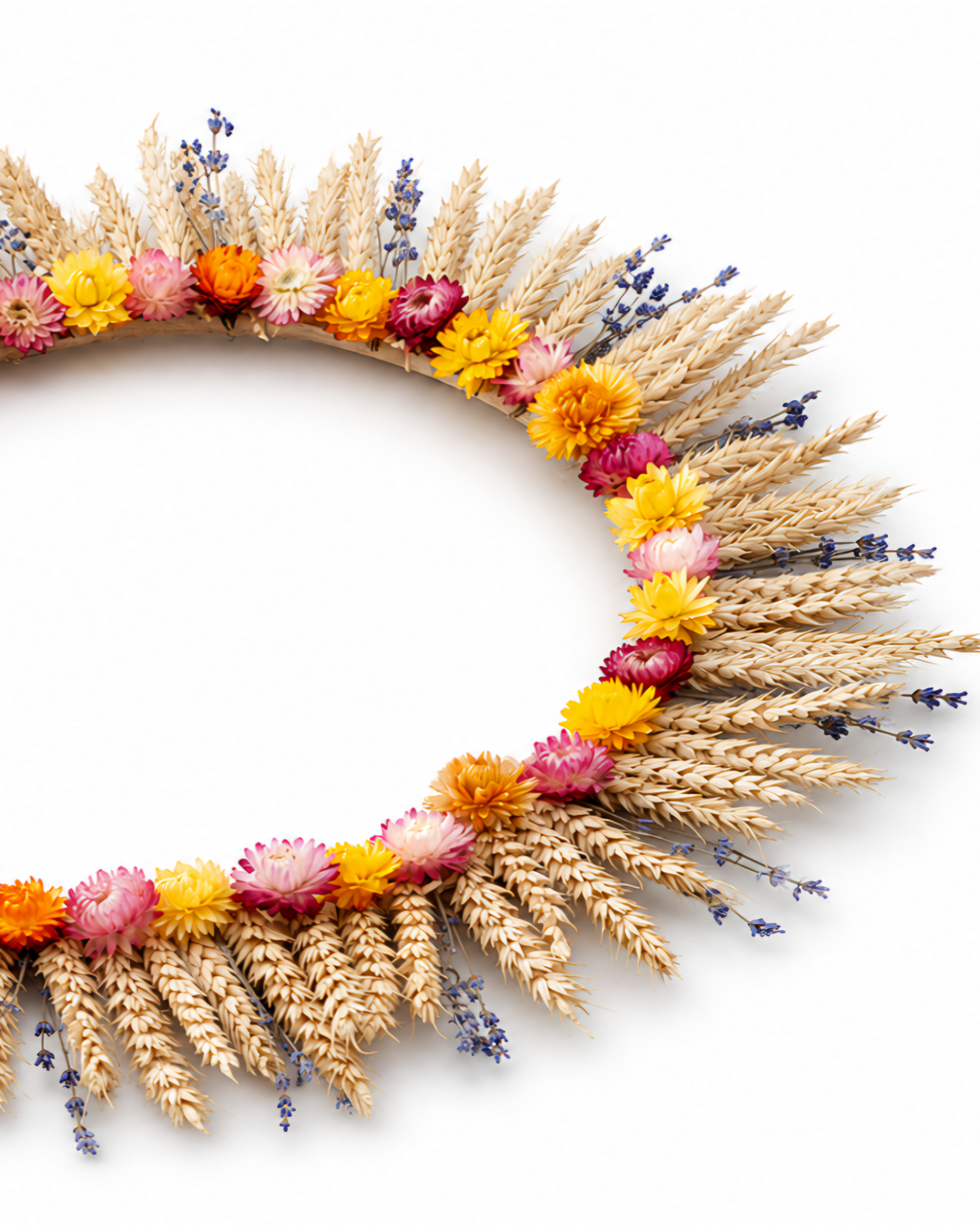 Side angle perspective of the sunburst dried flower wreath on a clean white background.

