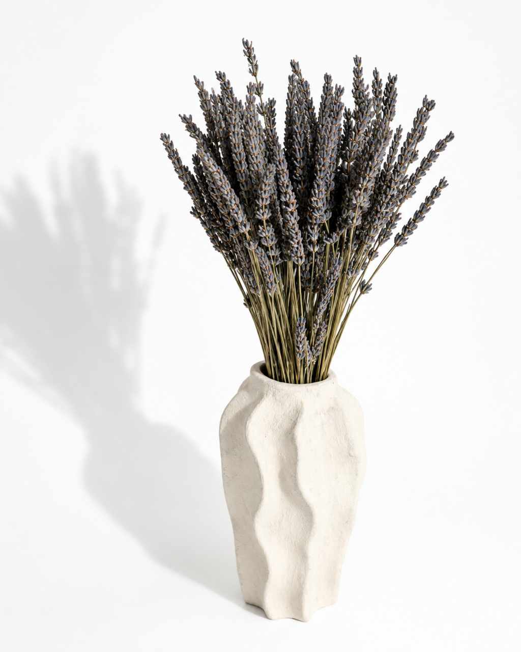Angled shot of a dense purple dried lavender bunch in a textured white ceramic vase.

